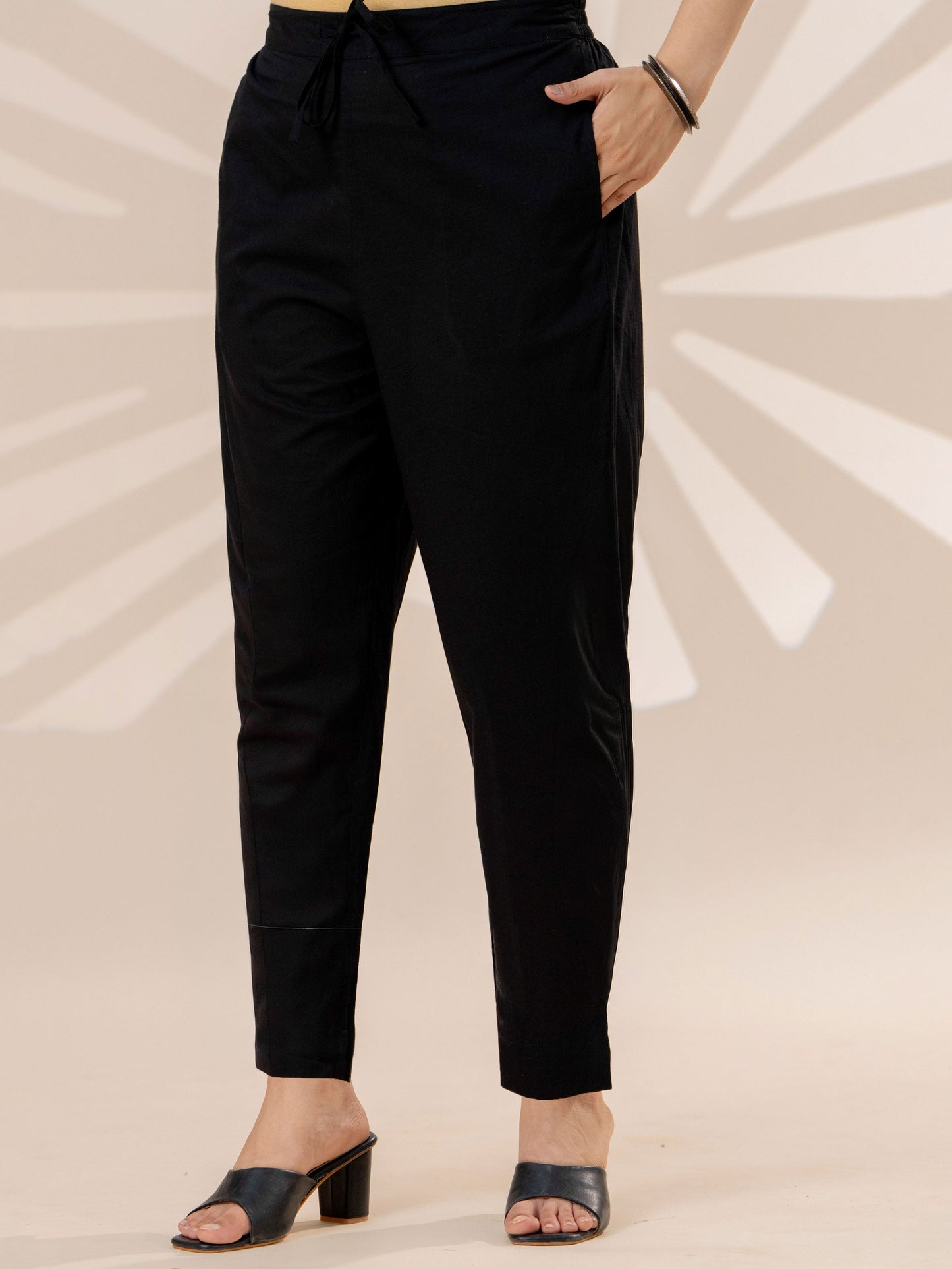 Soft cotton Solid Black Straight Trousers