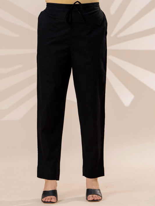 Soft cotton Solid Black Straight Trousers