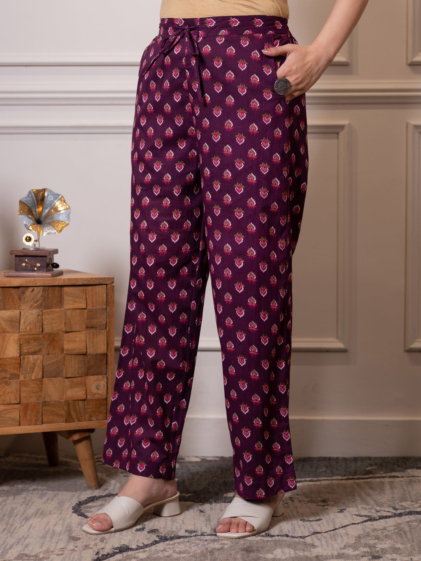 Soft cotton Floral Purple Straight Trousers