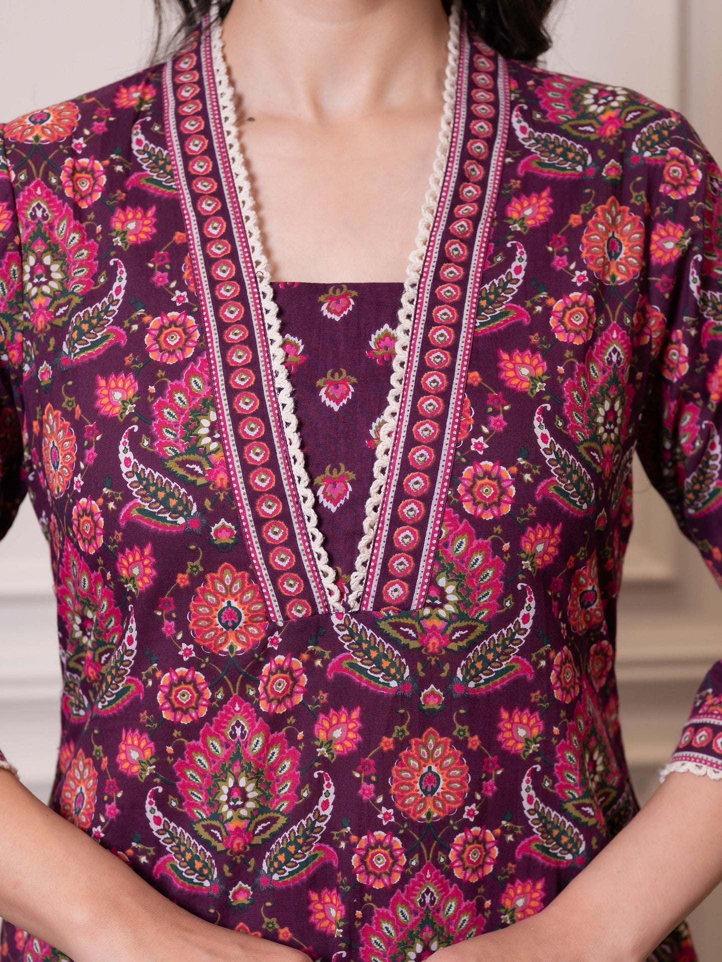 Soft cotton Floral Straight Purple Kurta
