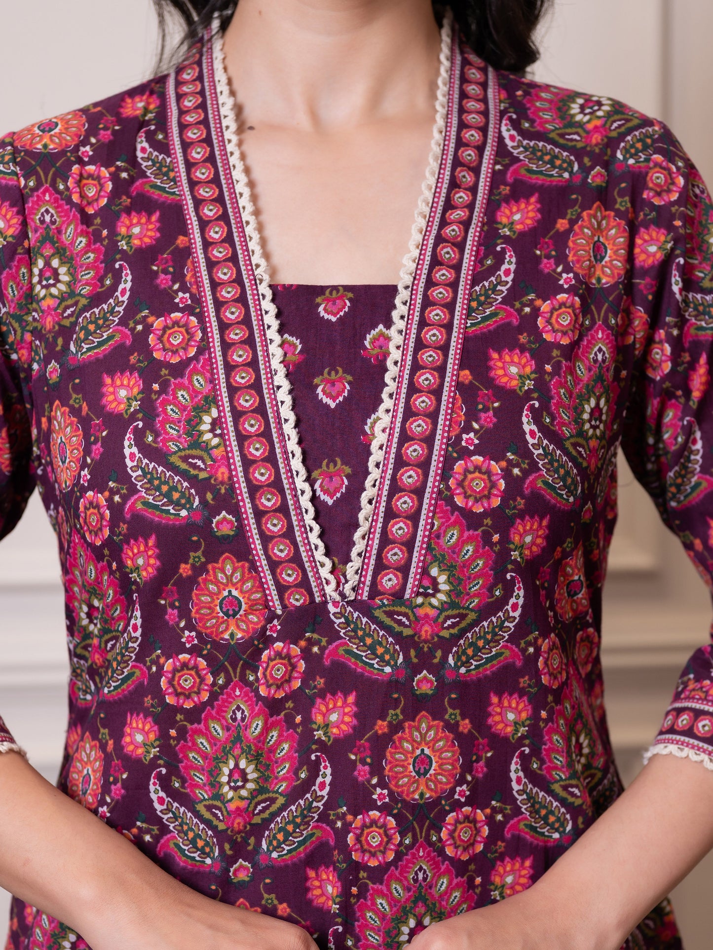 Soft cotton Floral Straight Purple Kurta