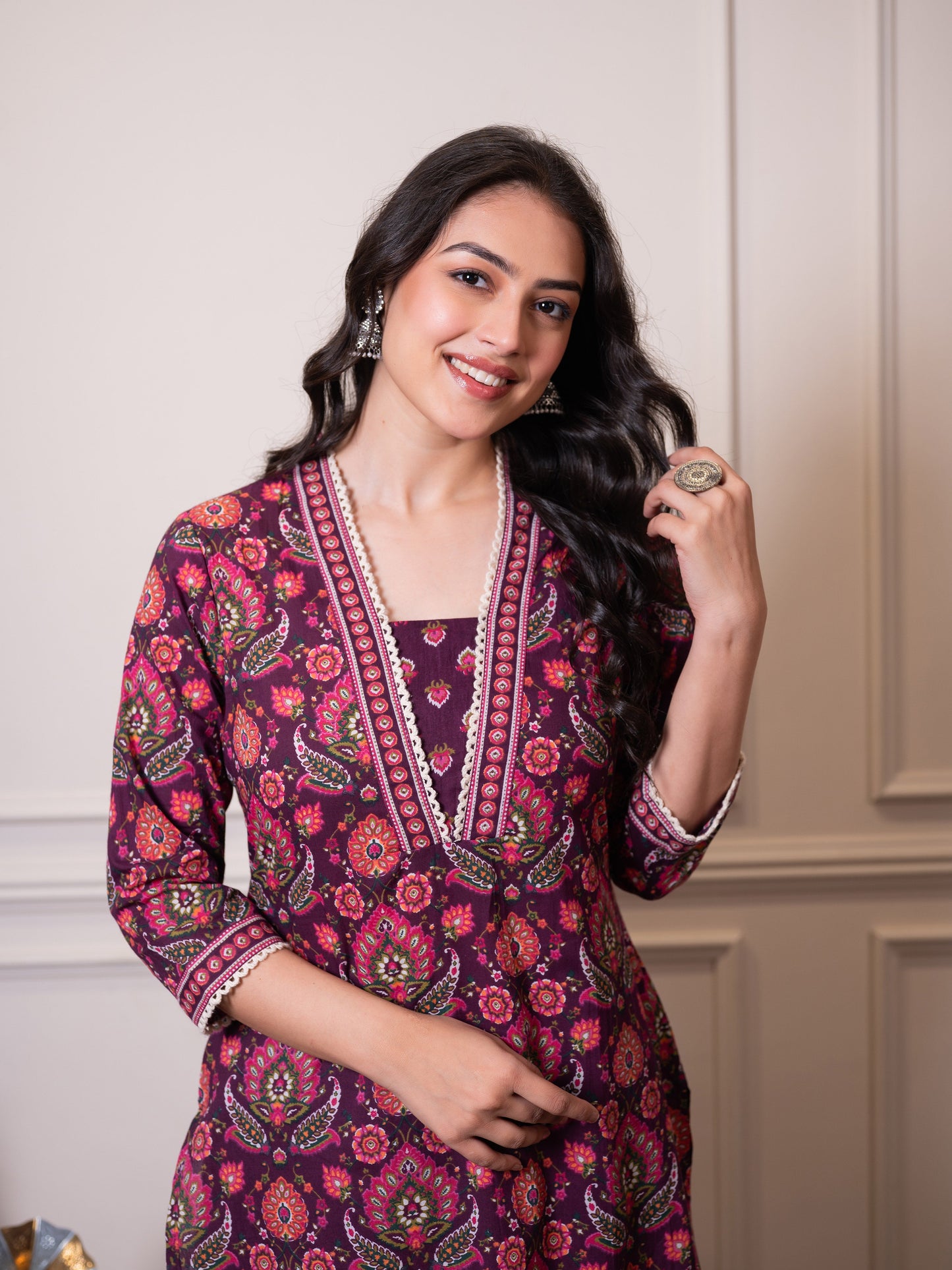 Soft cotton Floral Straight Purple Kurta