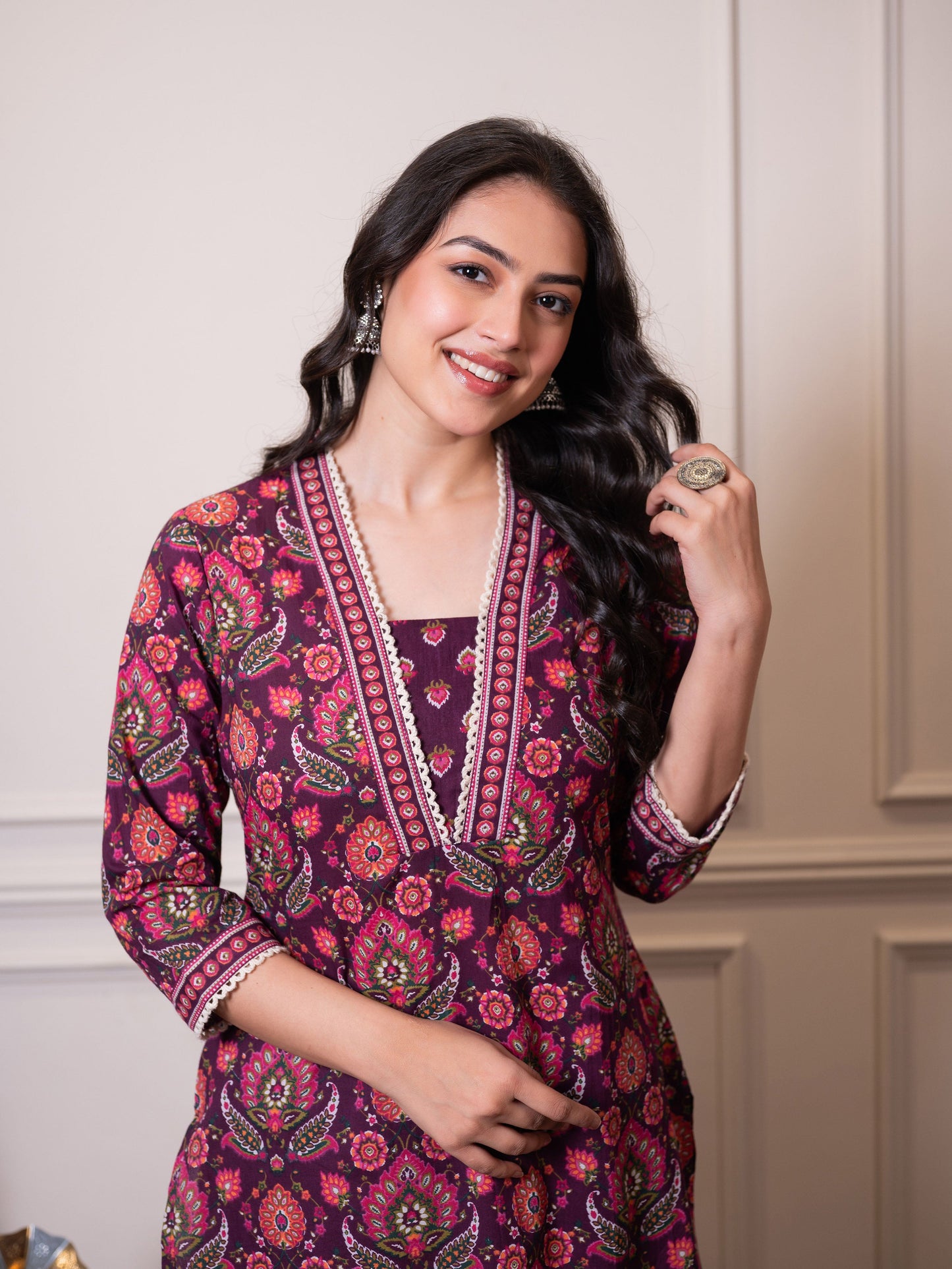 Soft cotton Floral Straight Purple Kurta