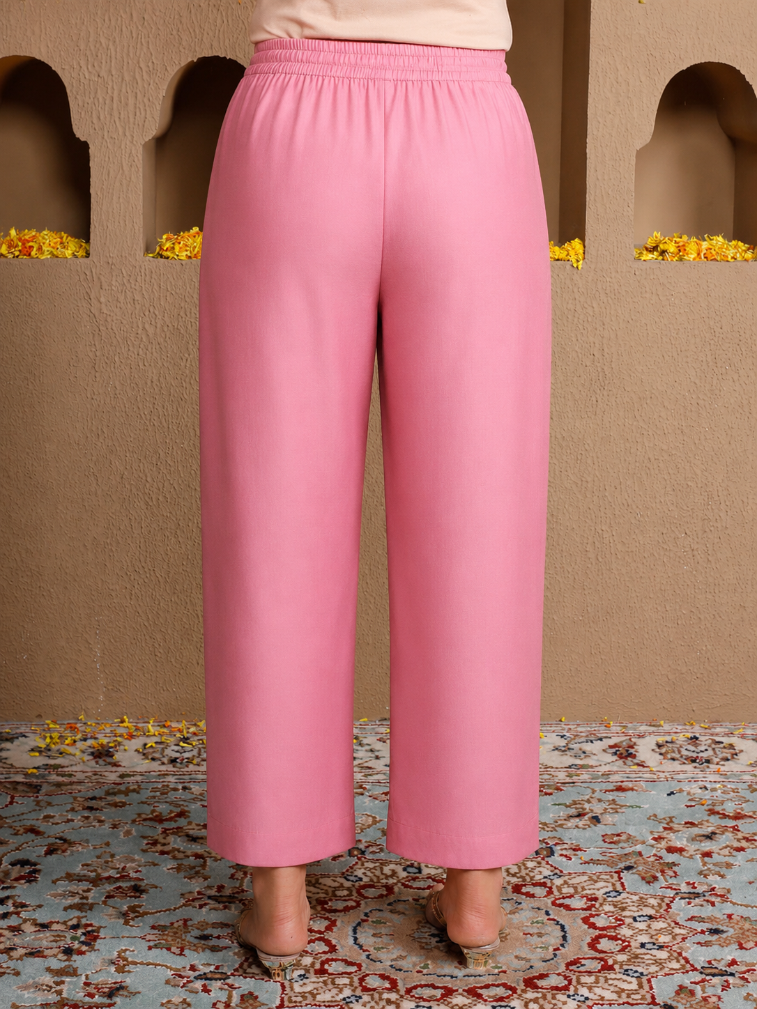 Chanderi Solid Pink Regular Trousers