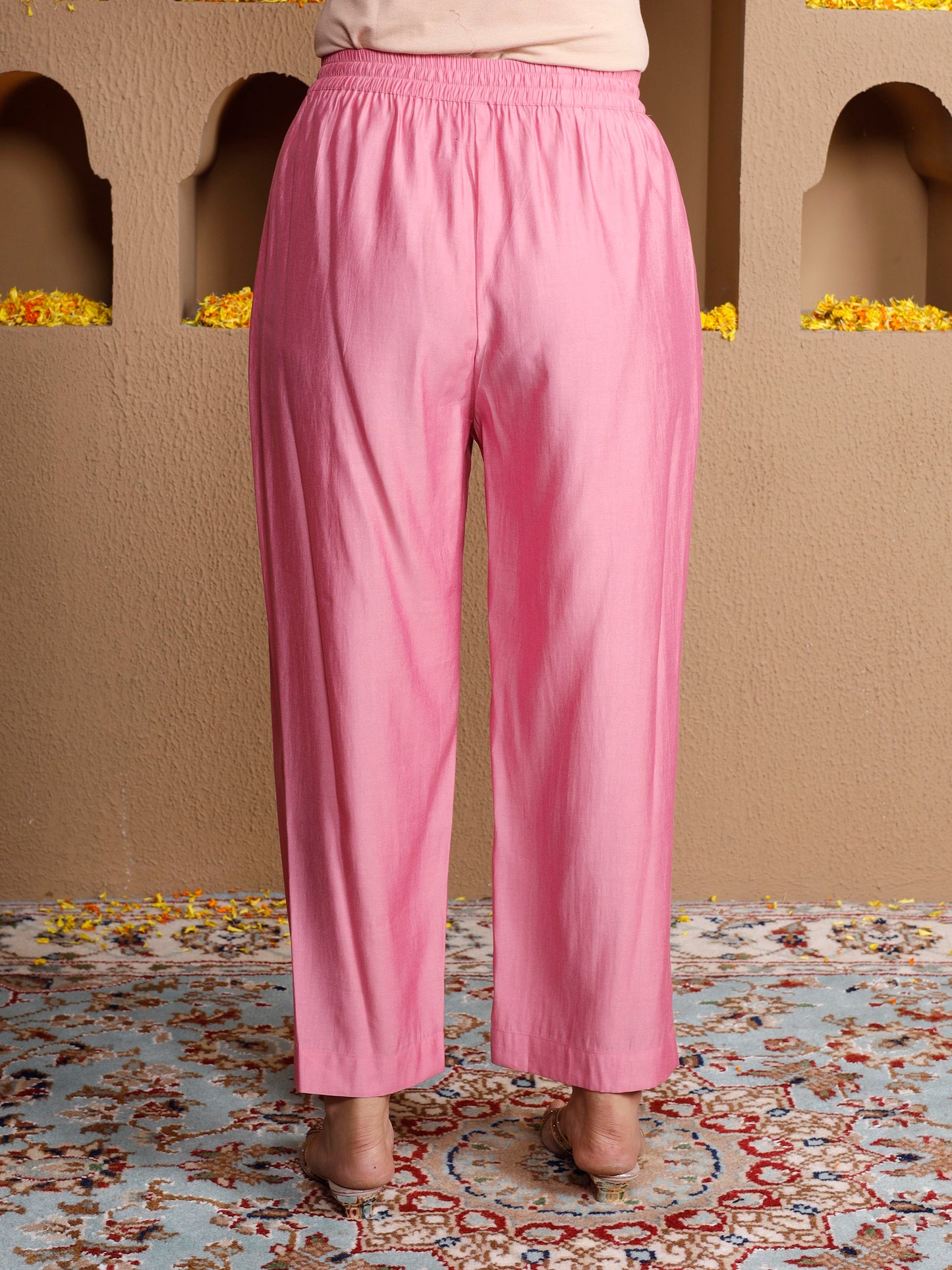 Embroidered Chanderi Solid Straight Pink Kurta
