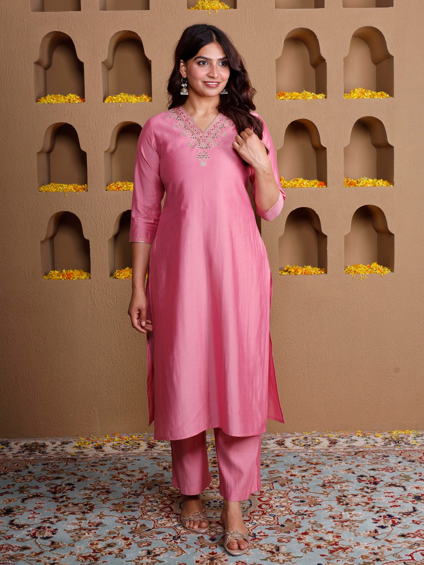 Embroidered Chanderi Solid Straight Pink Kurta