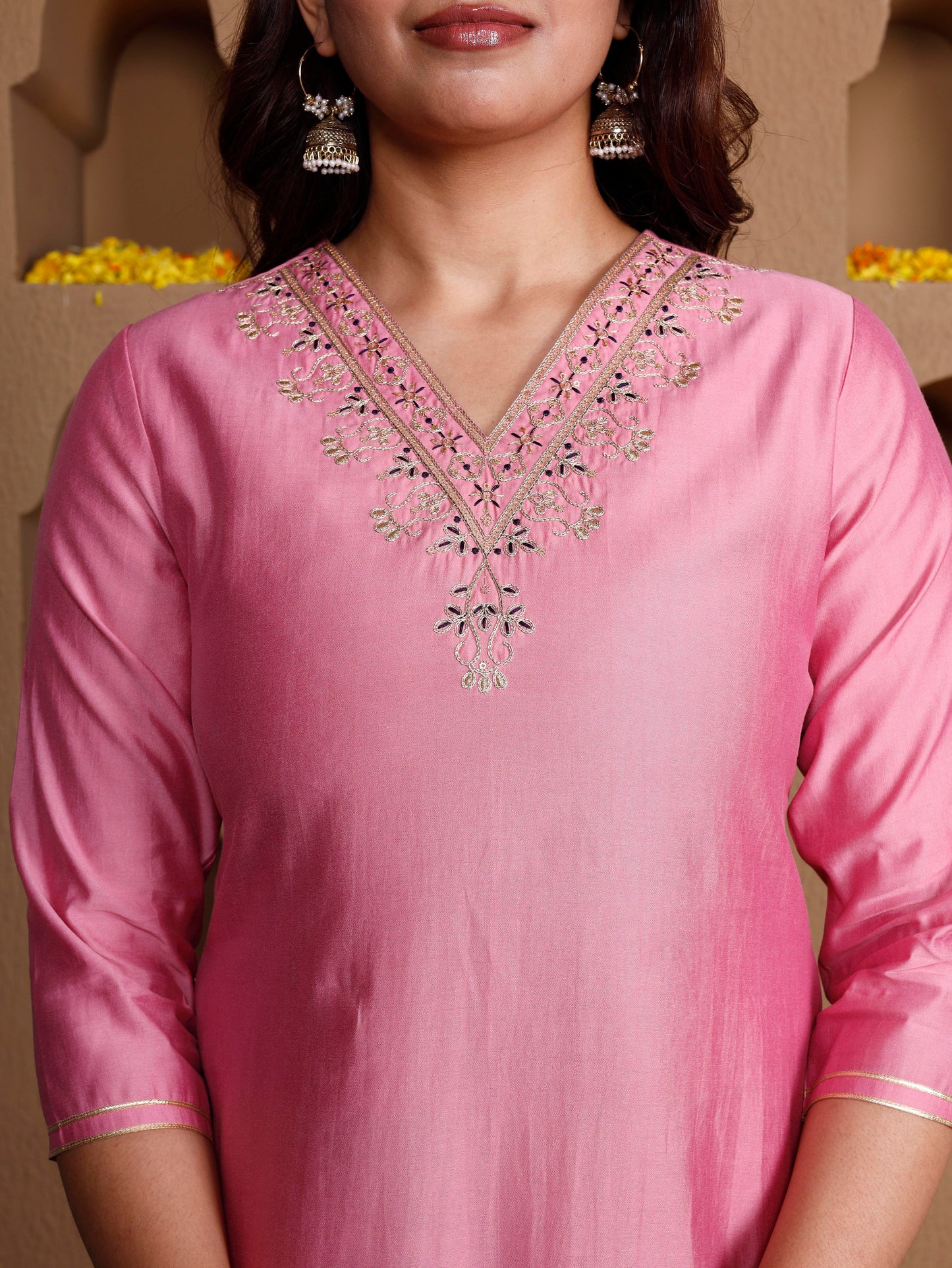 Embroidered Chanderi Solid Straight Pink Kurta