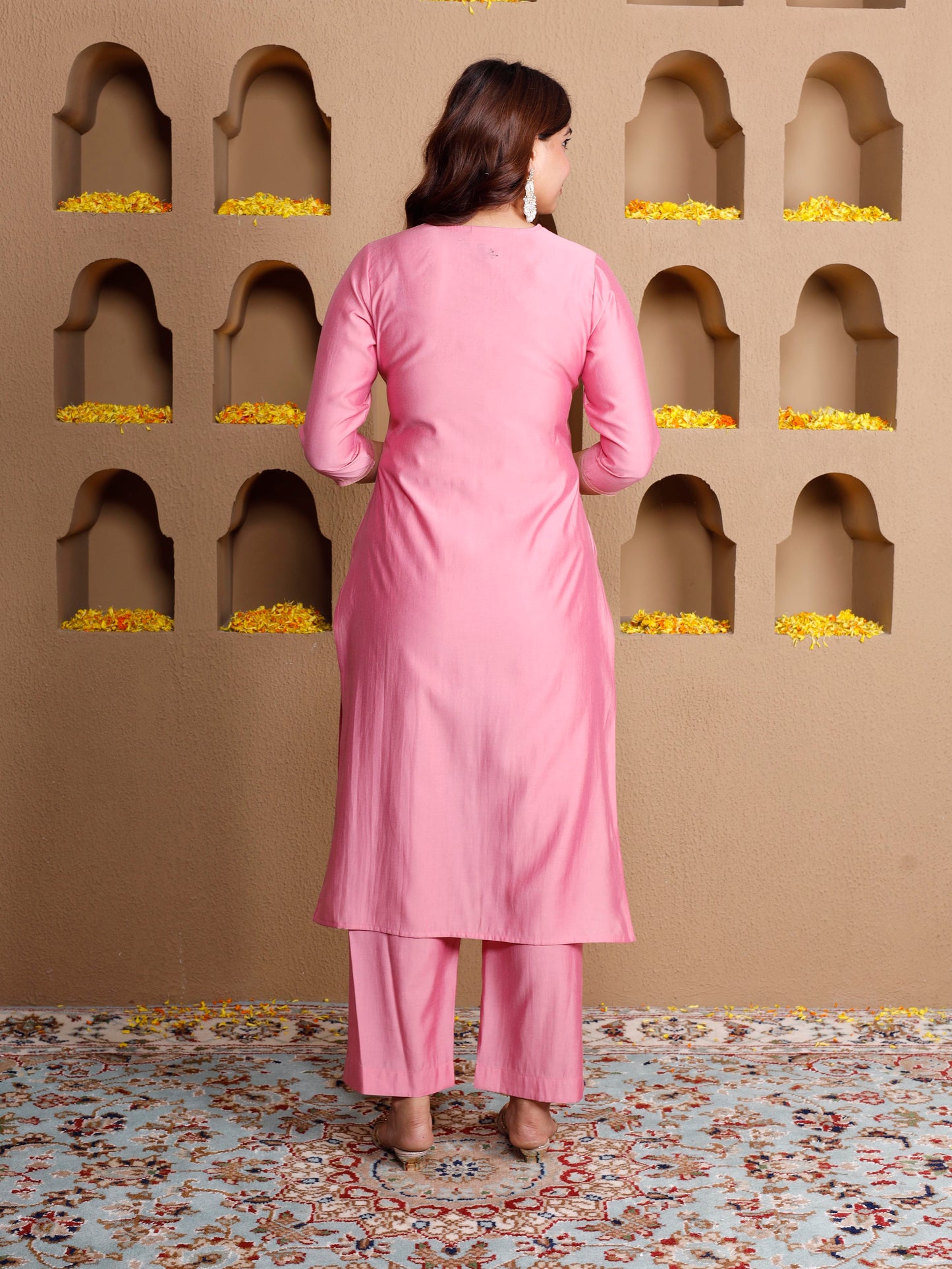 Embroidered Chanderi Solid Straight Pink Kurta
