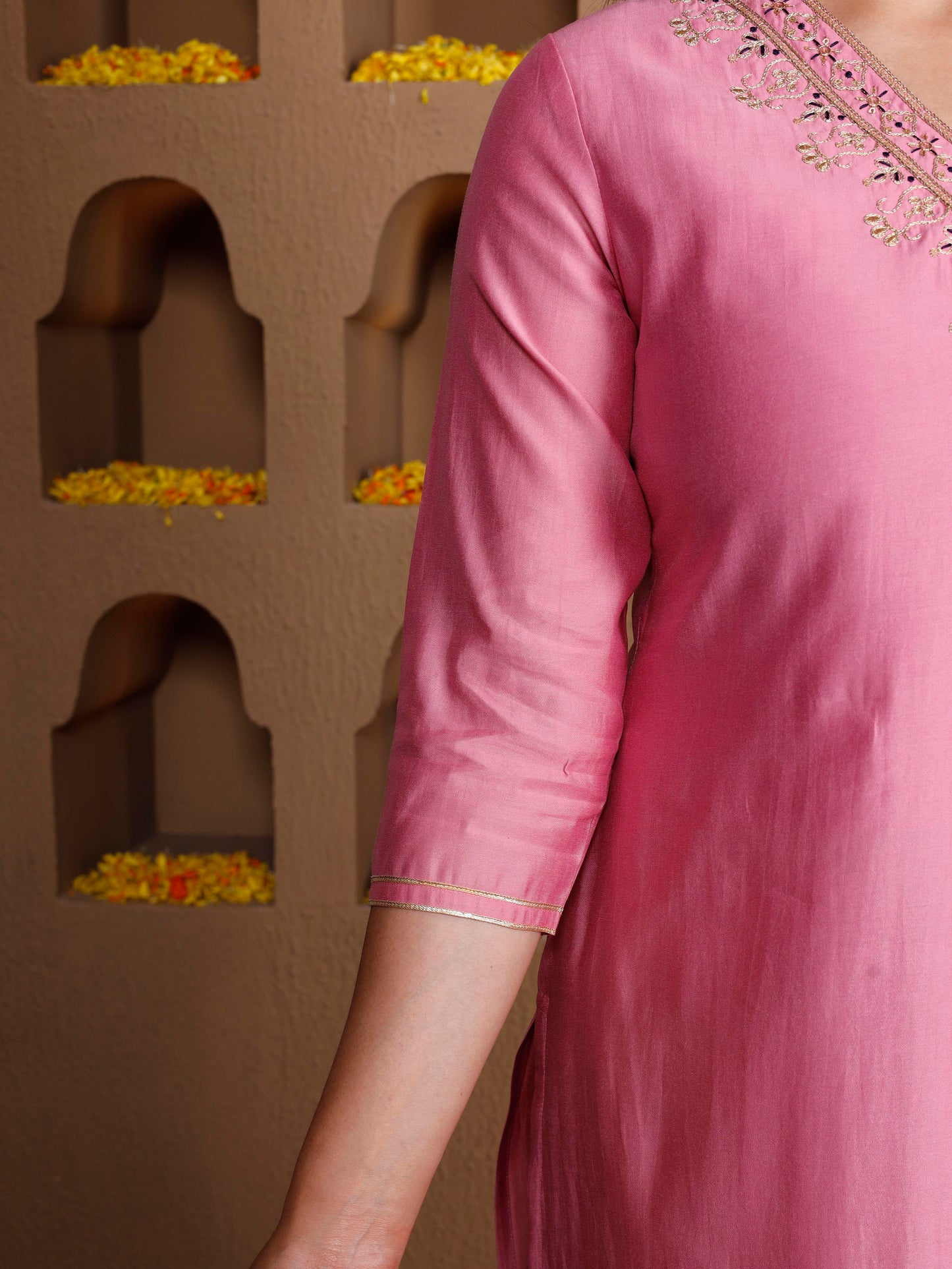 Embroidered Chanderi Solid Straight Pink Kurta