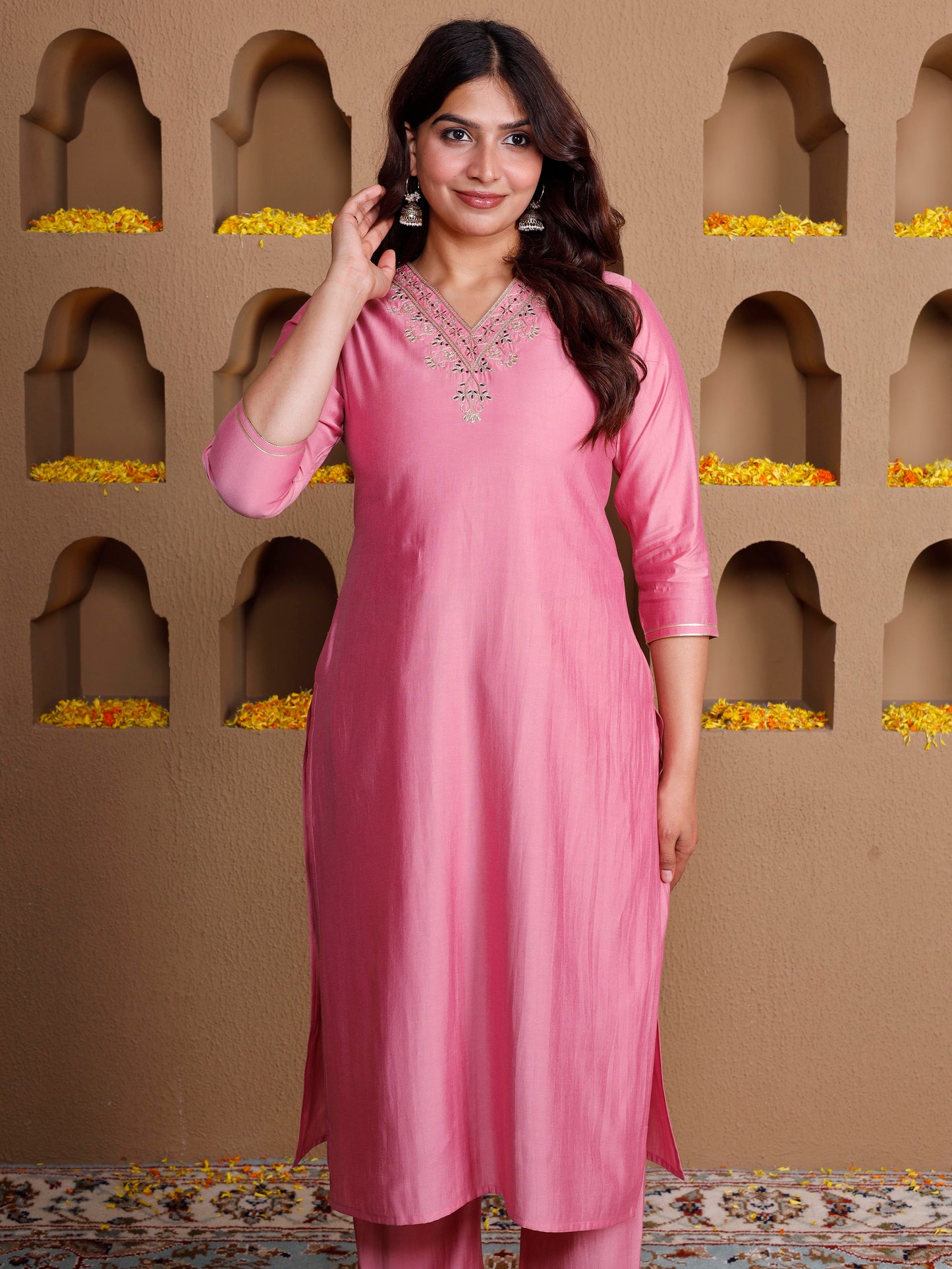 Embroidered Chanderi Solid Straight Pink Kurta