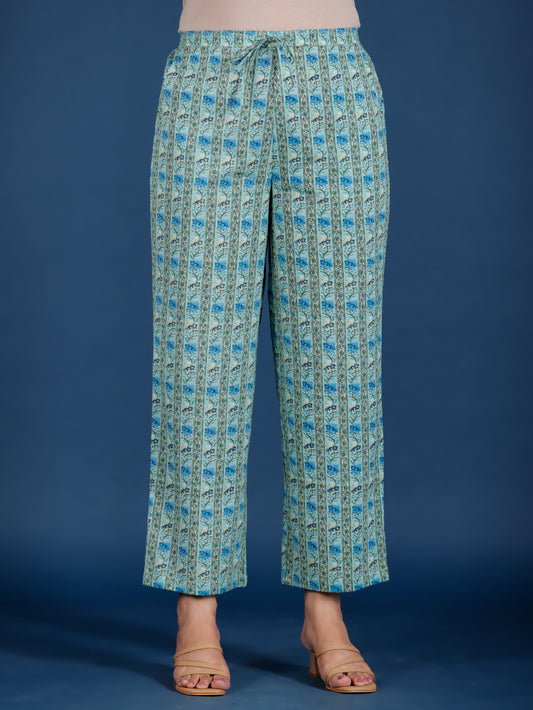 Soft Cotton Floral Blue Straight Trousers