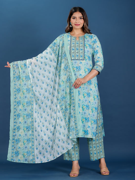 Soft Cotton Floral Straight Blue Kurta