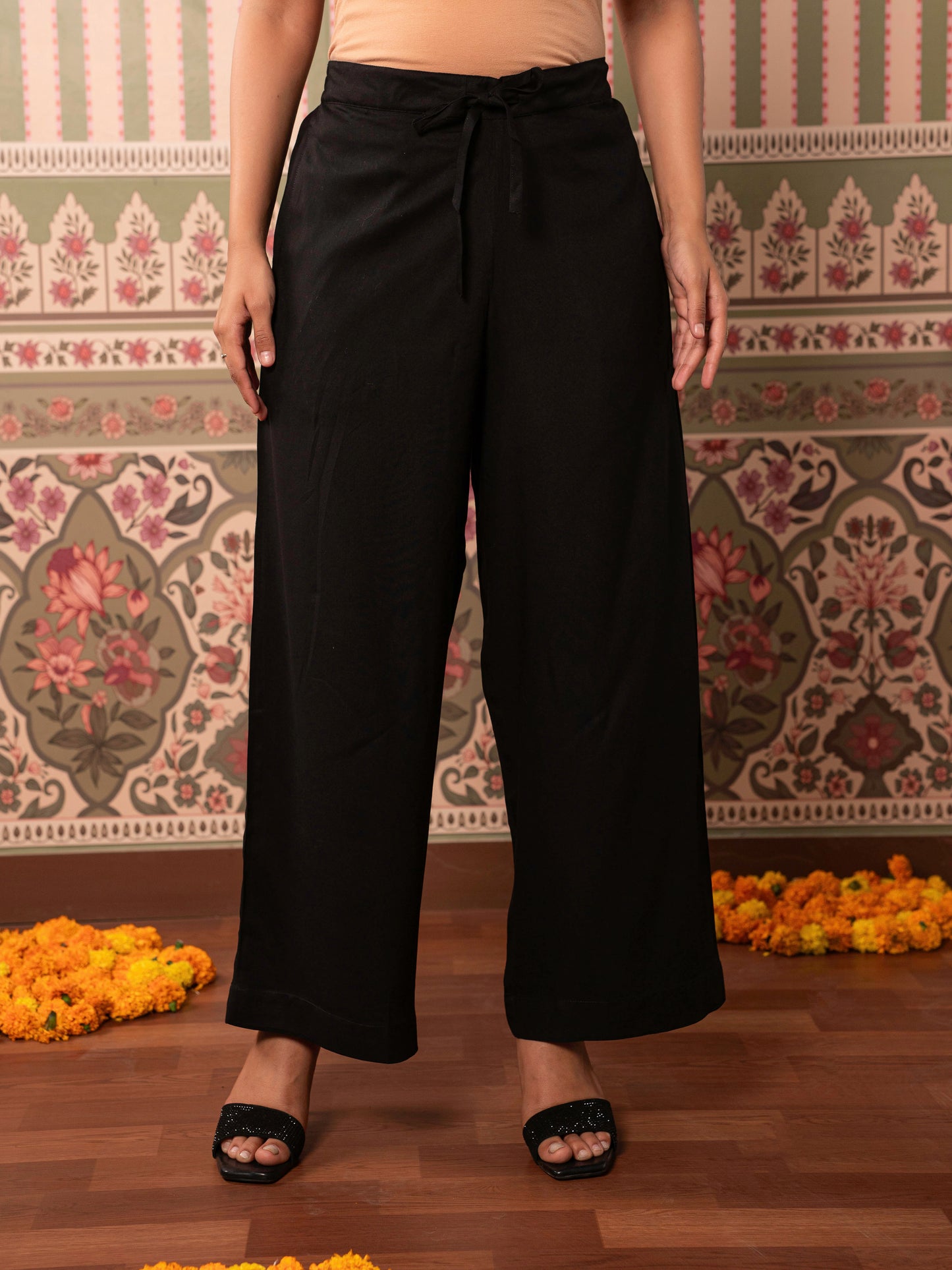 Viscose Solid Black Straight Trousers