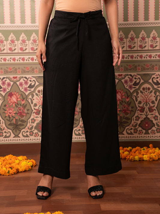 Viscose Solid Black Straight Trousers