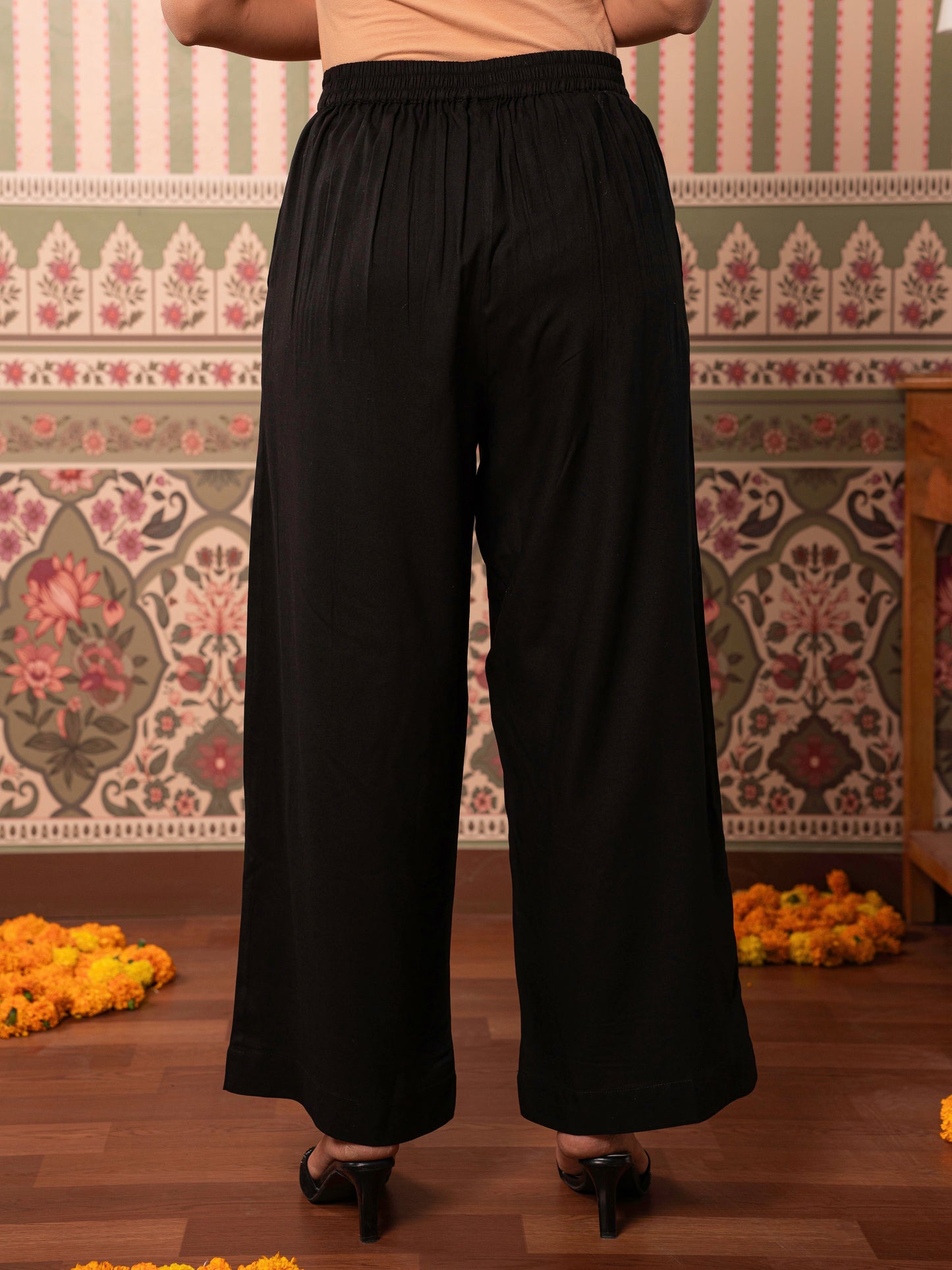 Viscose Solid Black Straight Trousers