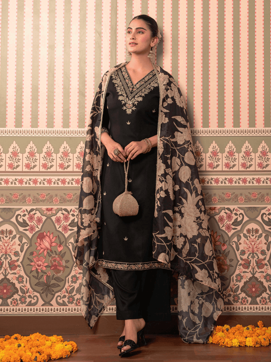 Chanderi Floral Black Dupatta