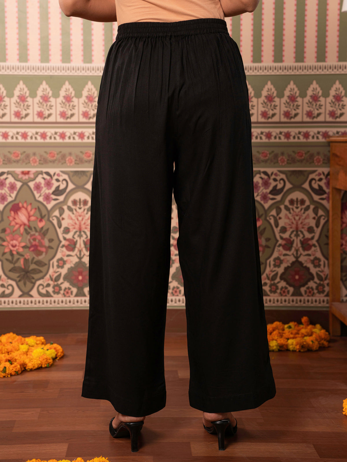 Embroidered Viscose Solid Straight Black Kurta