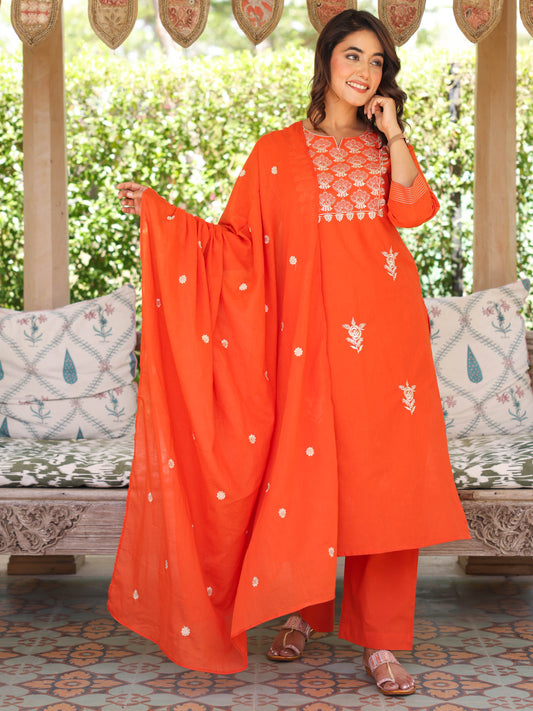 Embroidered Cotton voile Solid Flared Rust Orange Dupatta