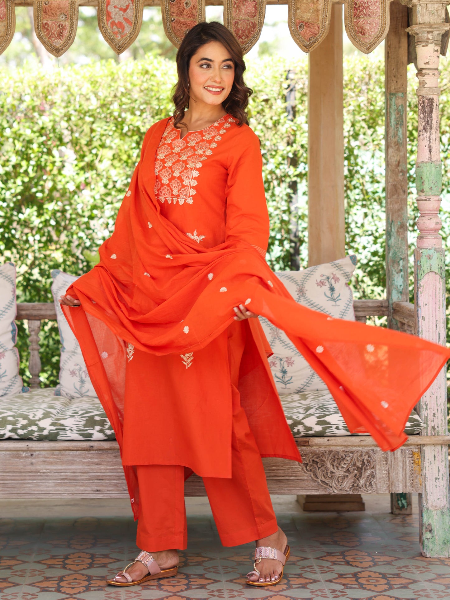 Embroidered Soft cotton Solid Straight Rust Orange Kurta