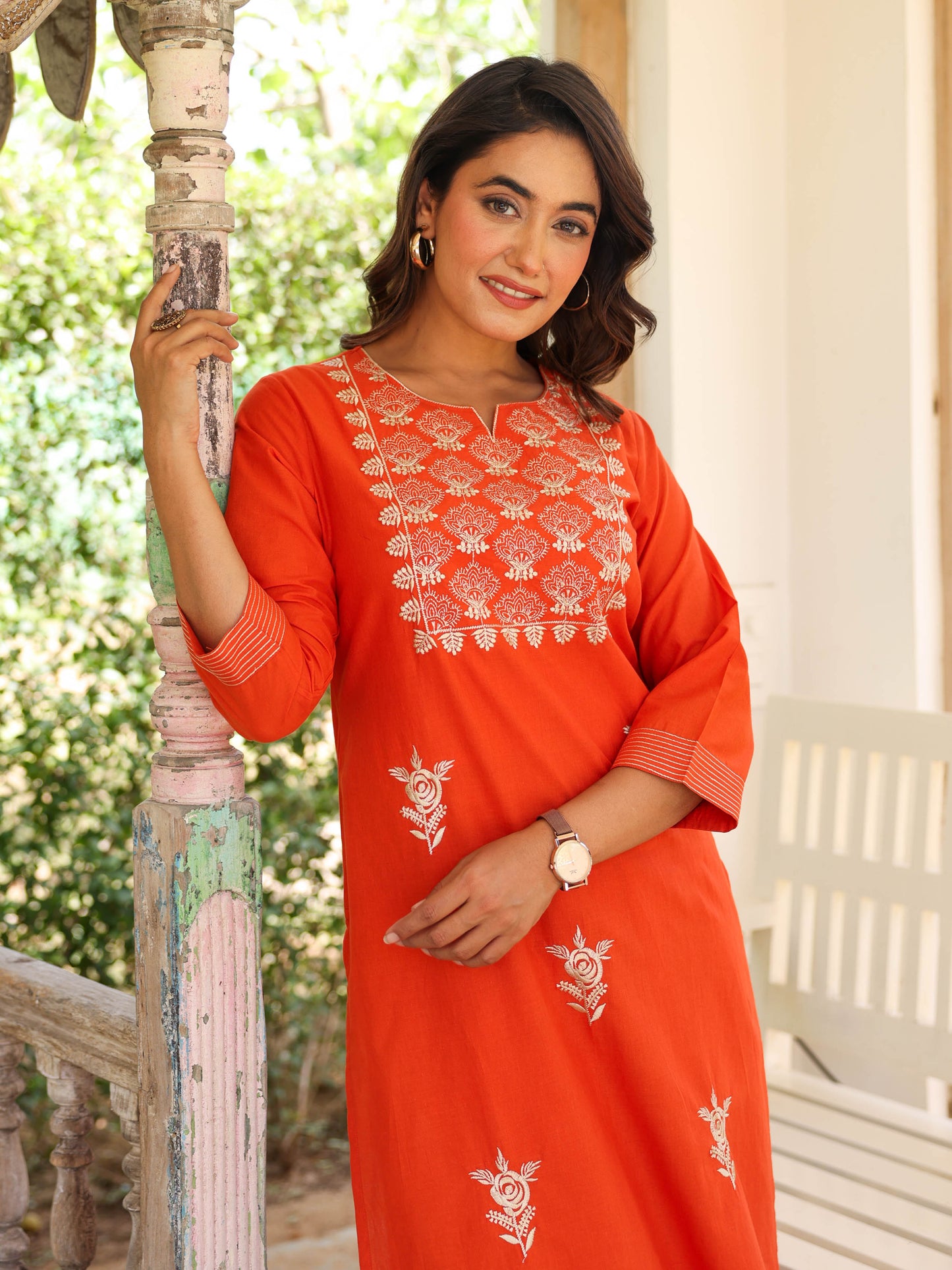 Embroidered Soft cotton Solid Straight Rust Orange Kurta