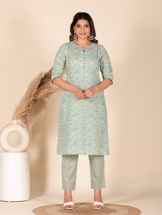 Soft Cotton Floral A-line Blue Kurta
