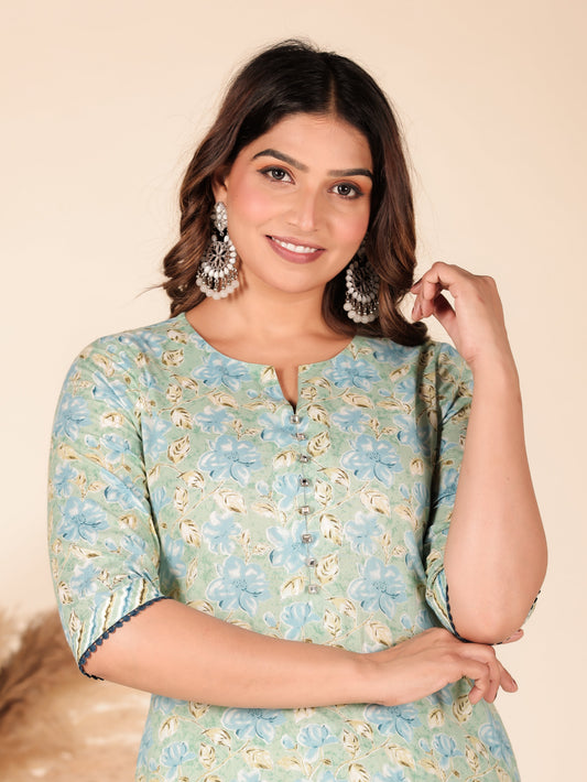 Soft Cotton Floral A-line Blue Kurta