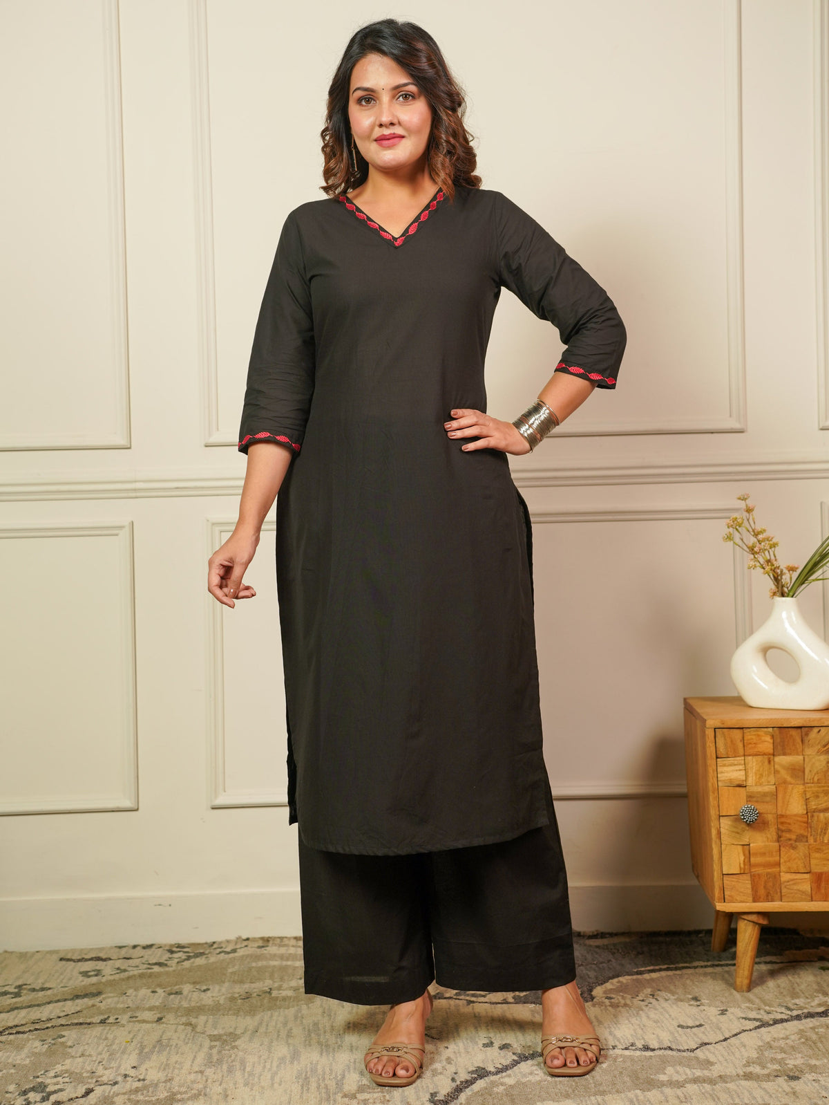 Embroidered Soft Cotton Solid Straight Black Kurta