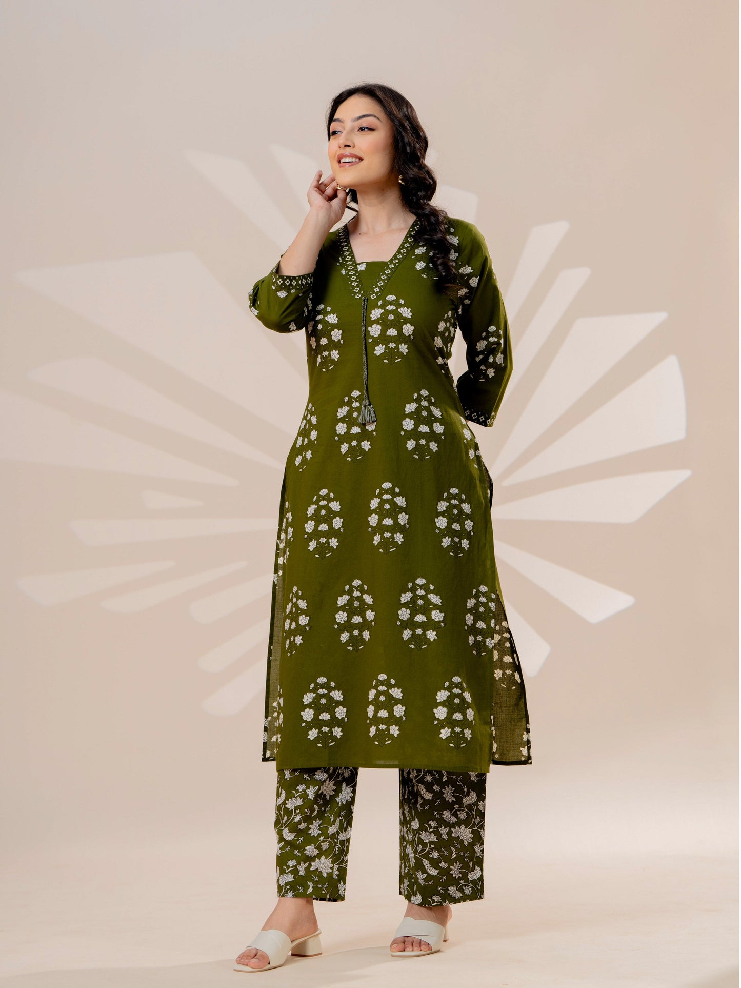 Soft cotton Butta Straight Military Green Kurta
