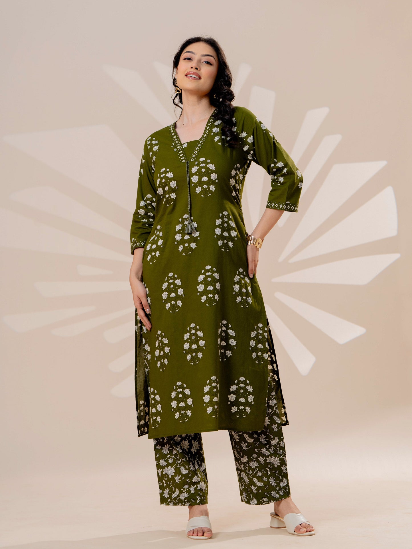 Soft cotton Butta Straight Military Green Kurta