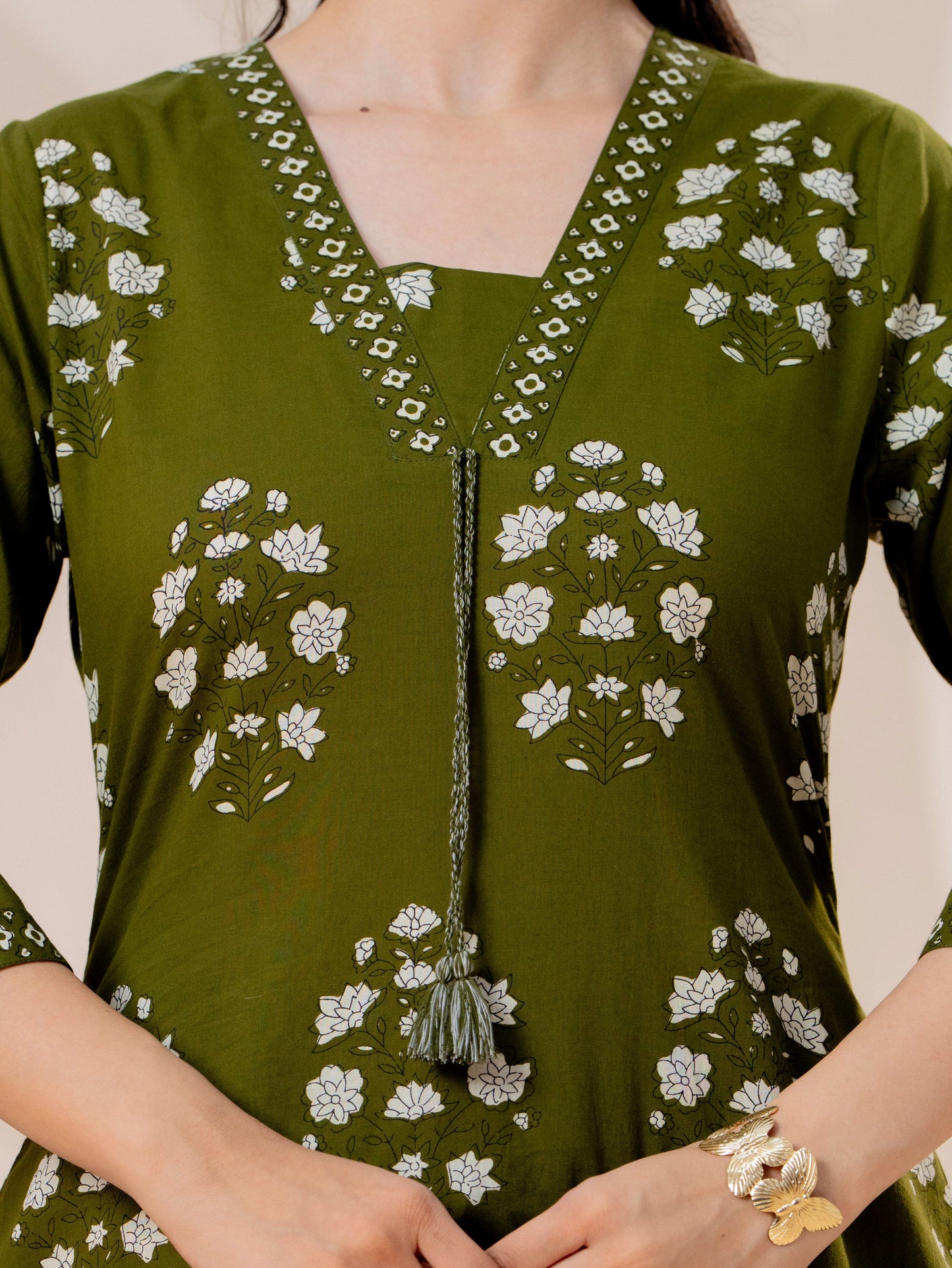 Soft cotton Butta Straight Military Green Kurta