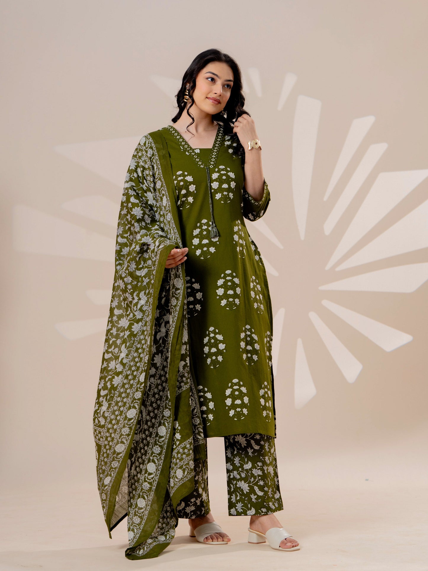 Soft cotton Butta Straight Military Green Kurta