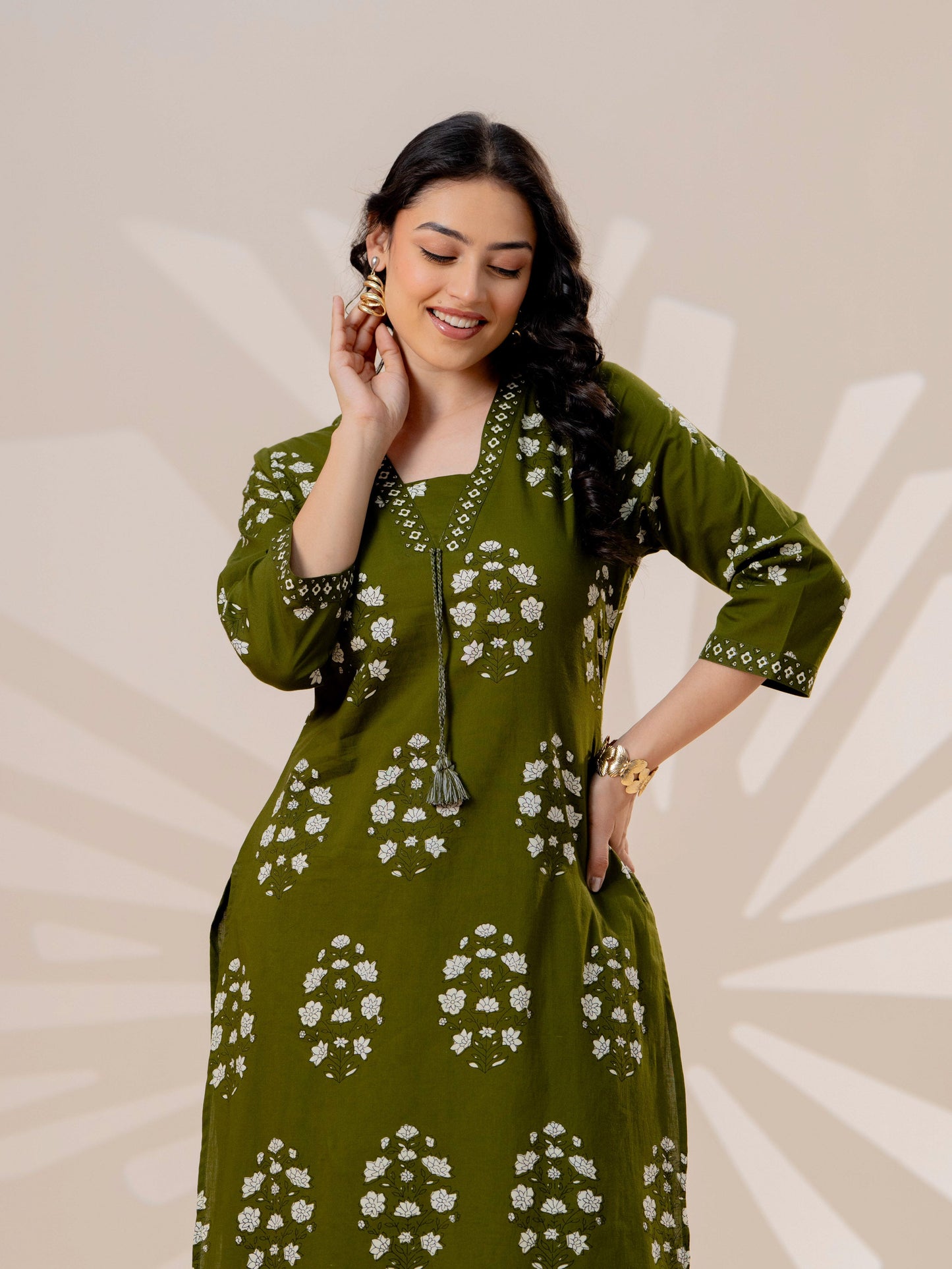 Soft cotton Butta Straight Military Green Kurta