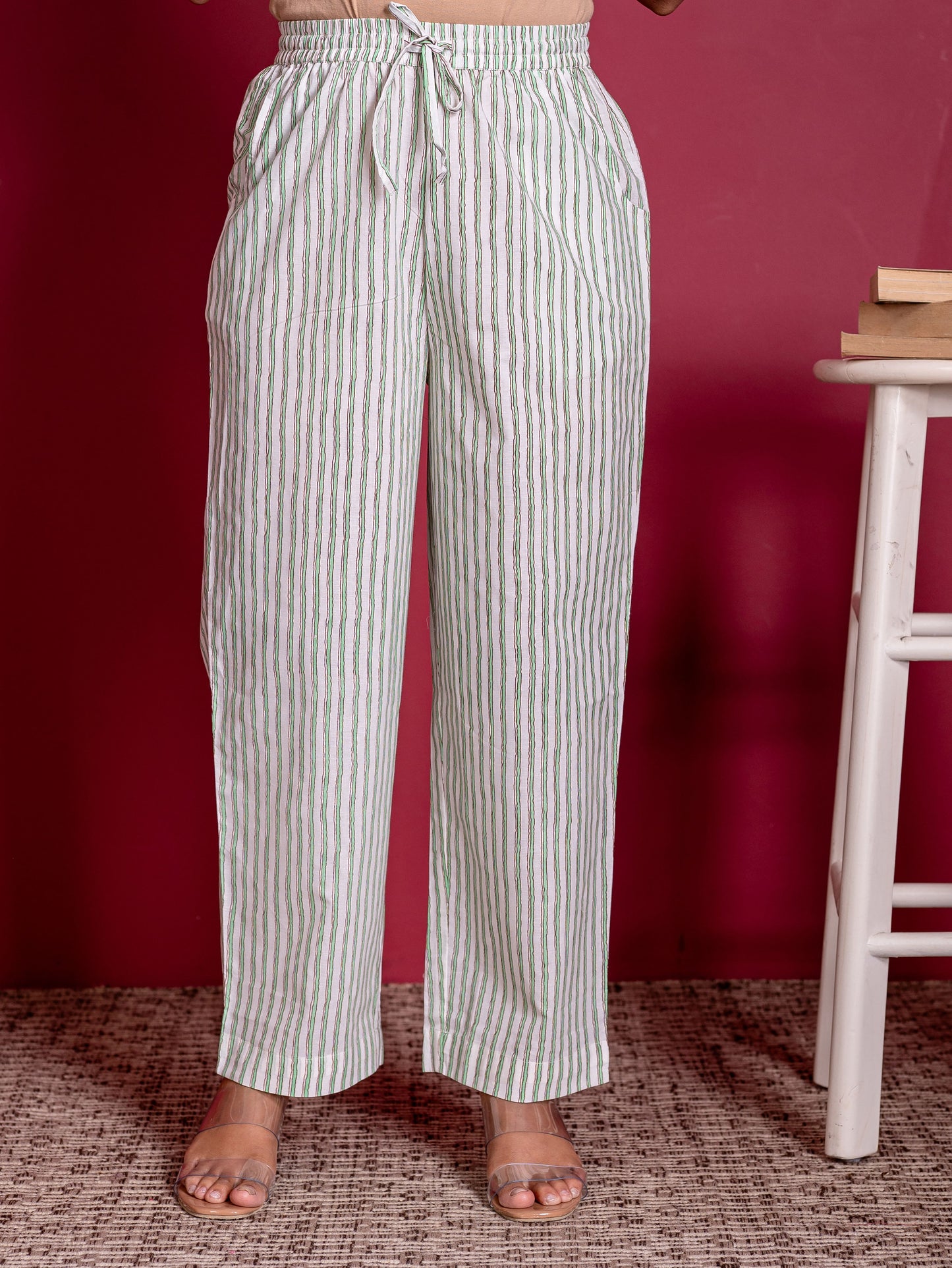 Soft cotton Striped White Straight Trousers
