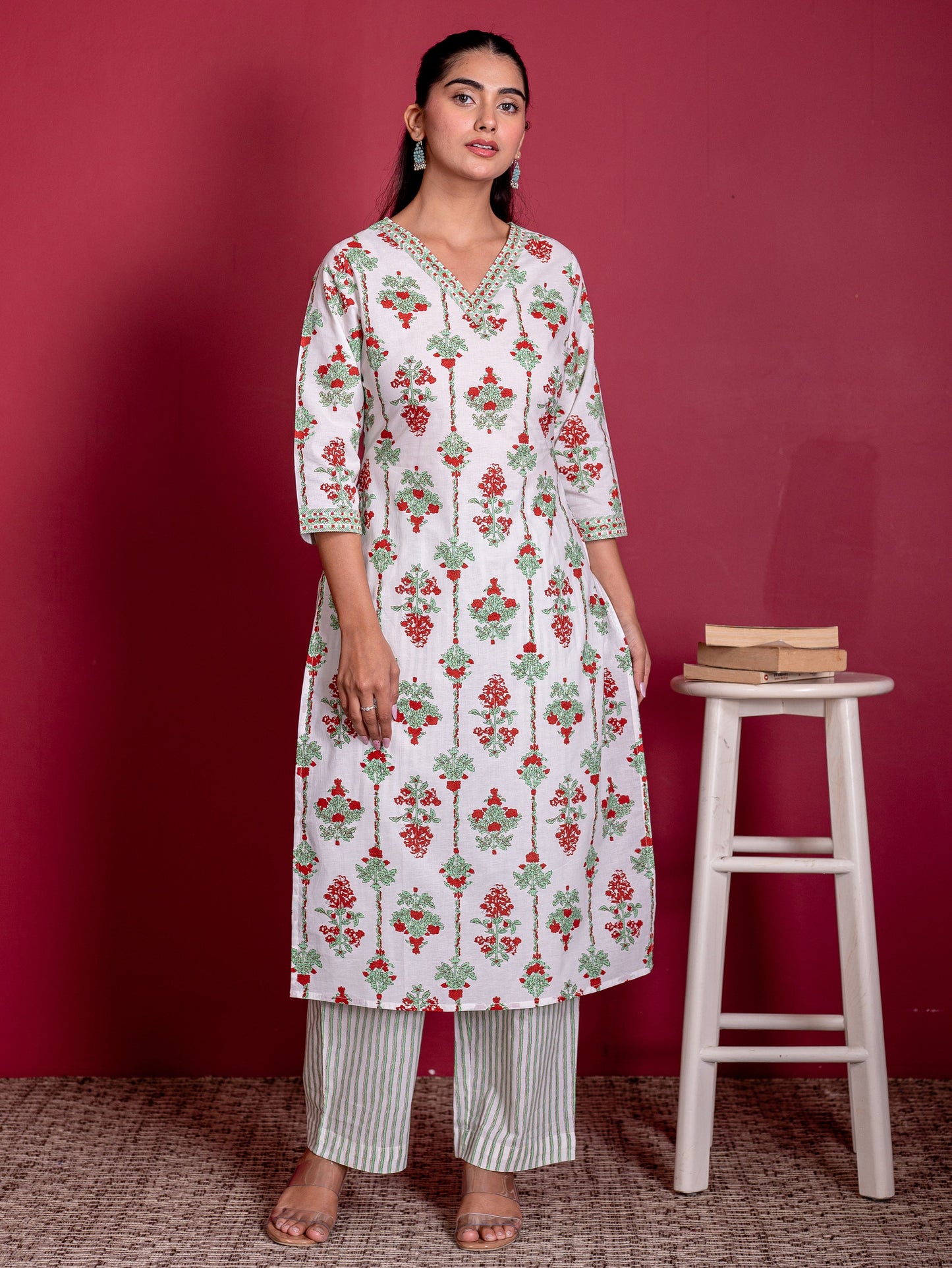 Soft cotton Floral Straight White Kurta