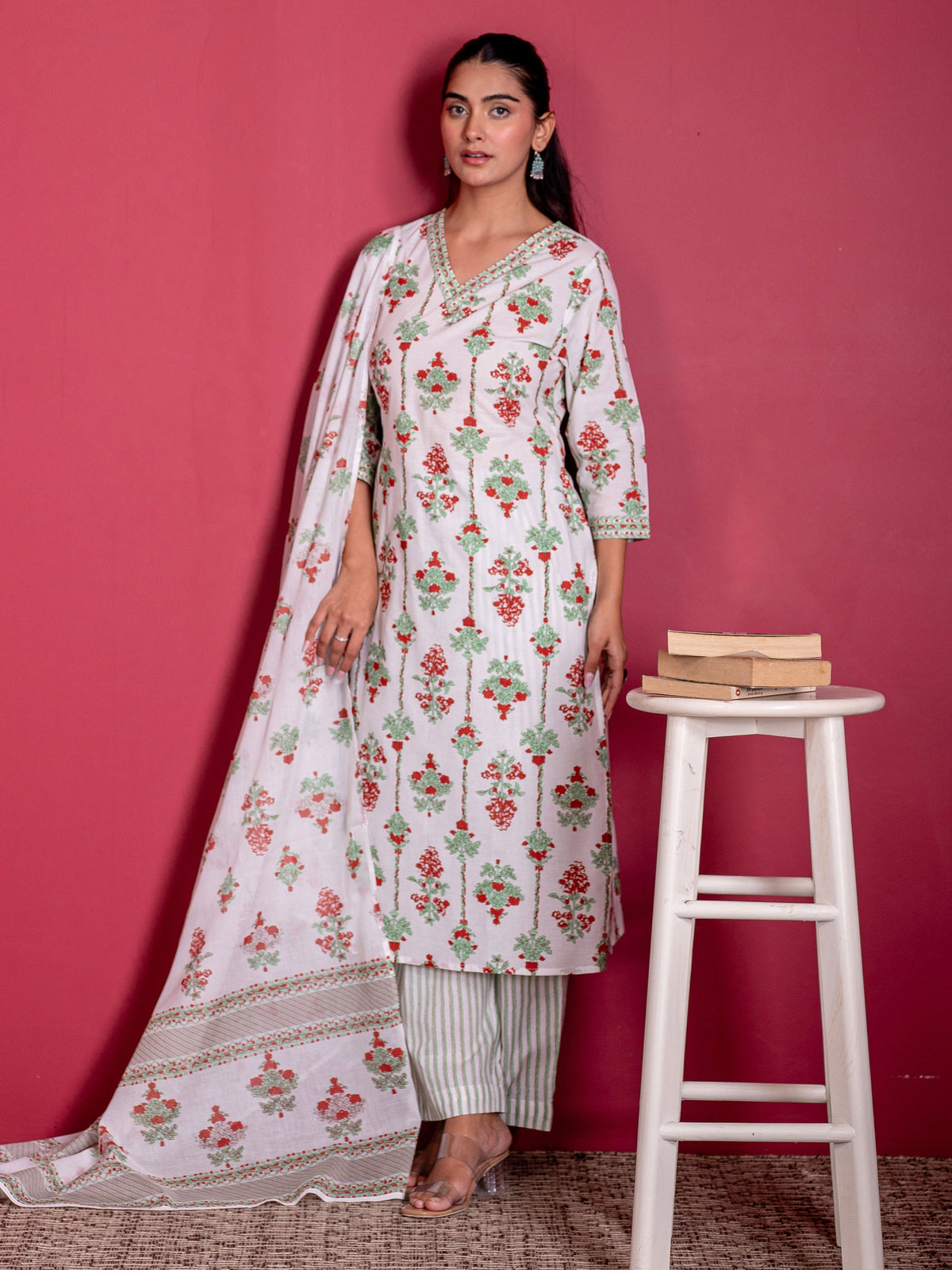 Soft cotton Floral Straight White Kurta