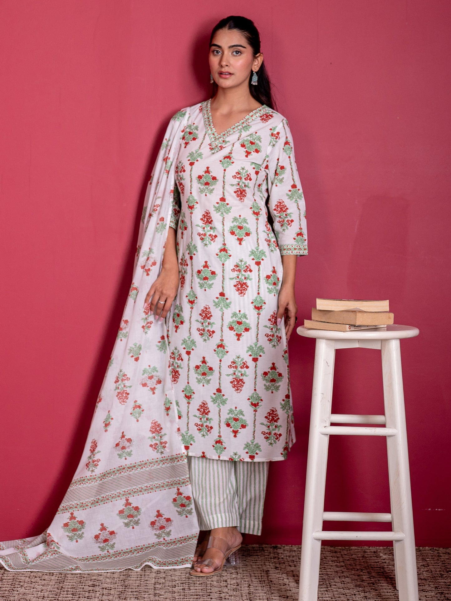 Soft cotton Floral Straight White Kurta