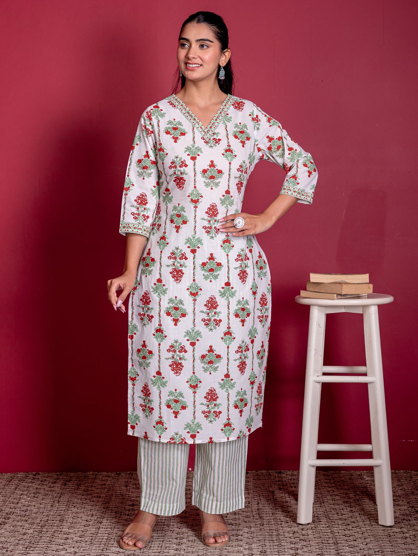 Soft cotton Floral Straight White Kurta