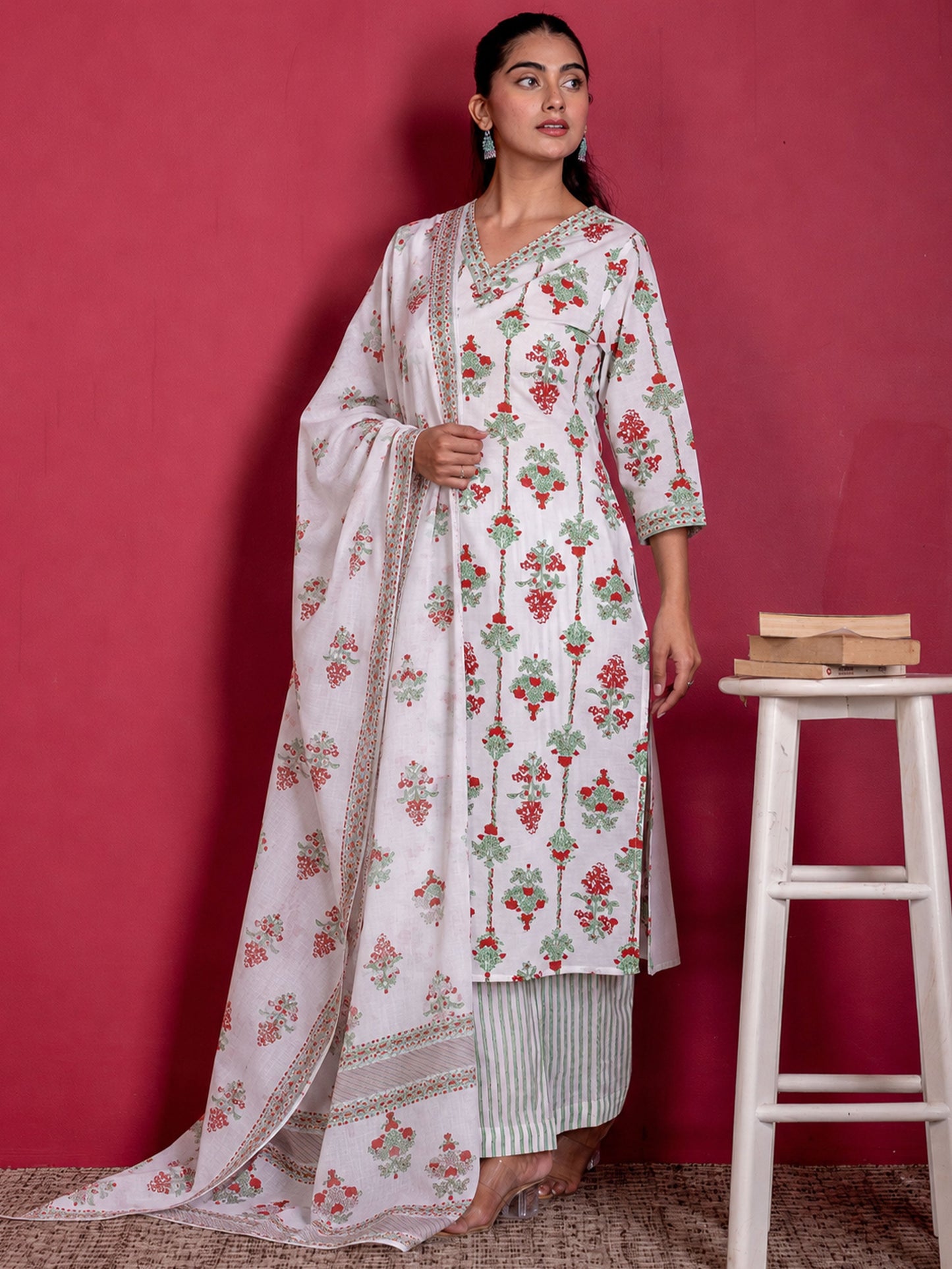 Soft cotton Floral Straight White Kurta