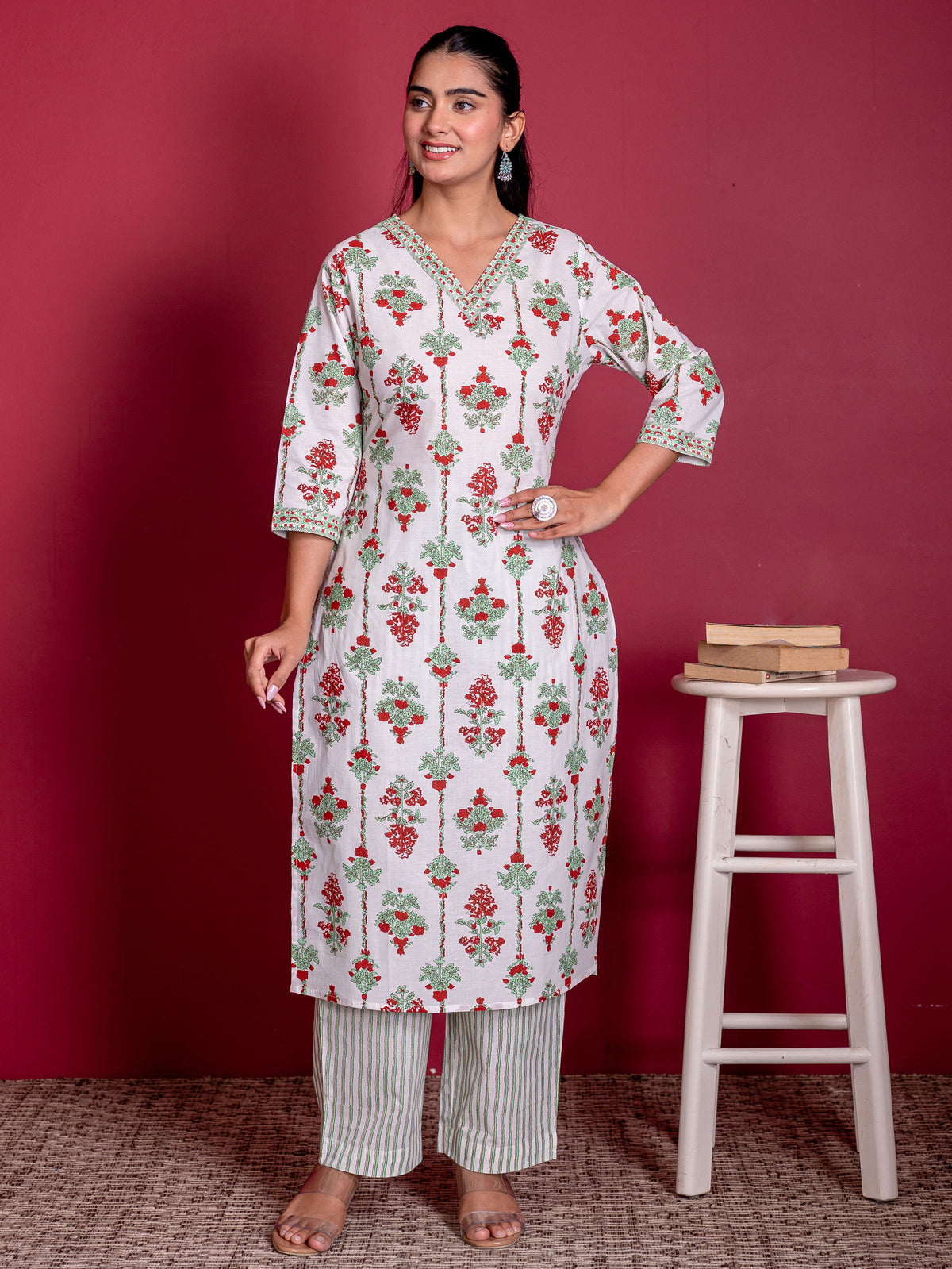 Soft cotton Floral Straight White Kurta