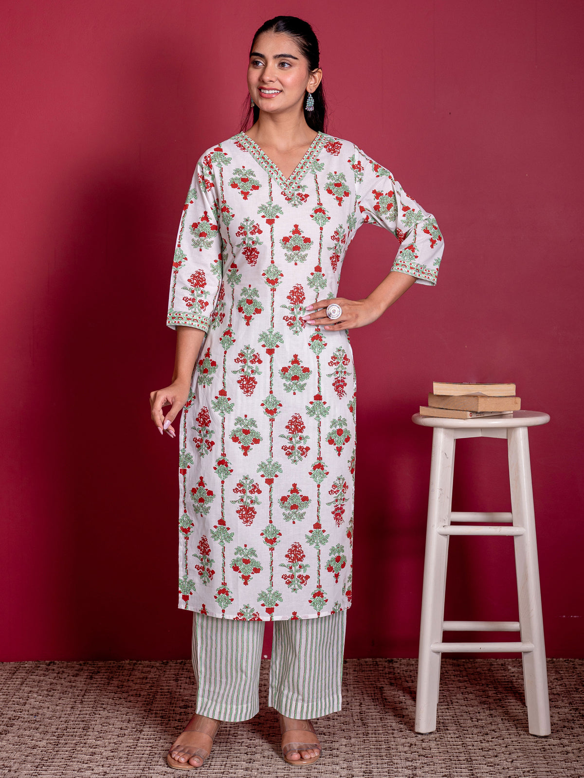 Soft Cotton Floral Straight White Kurta