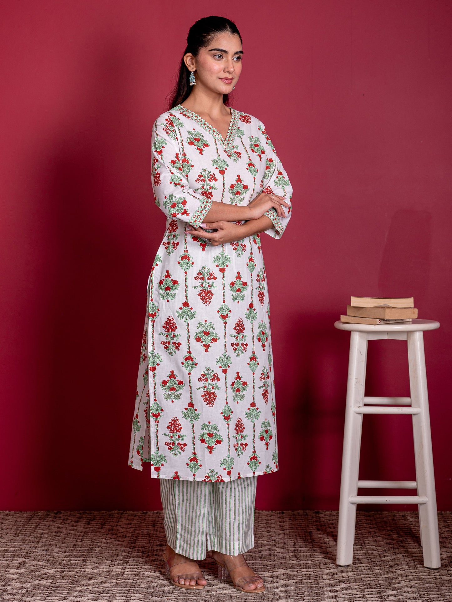Soft cotton Floral Straight White Kurta