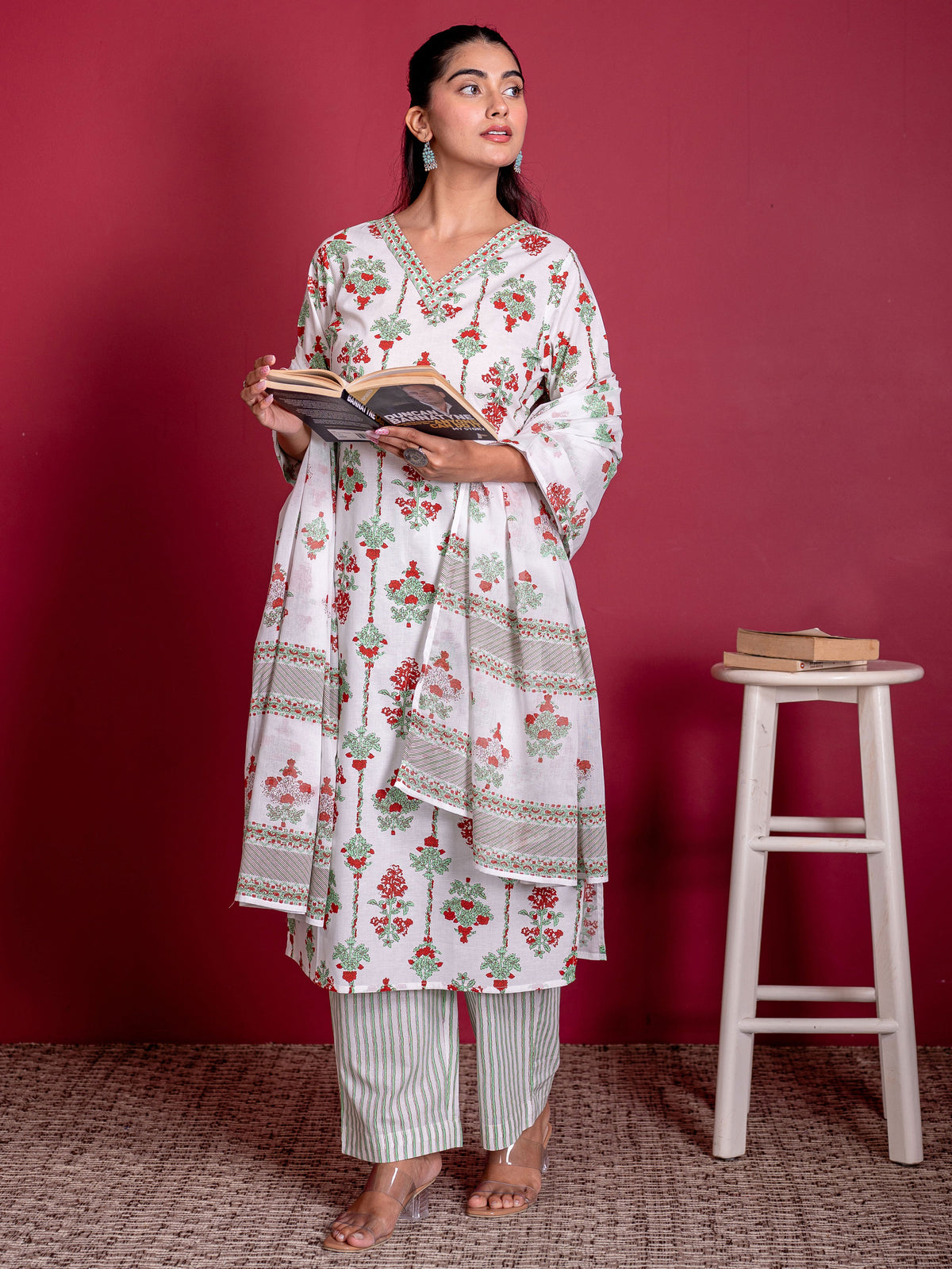 Soft cotton Floral Straight White Kurta