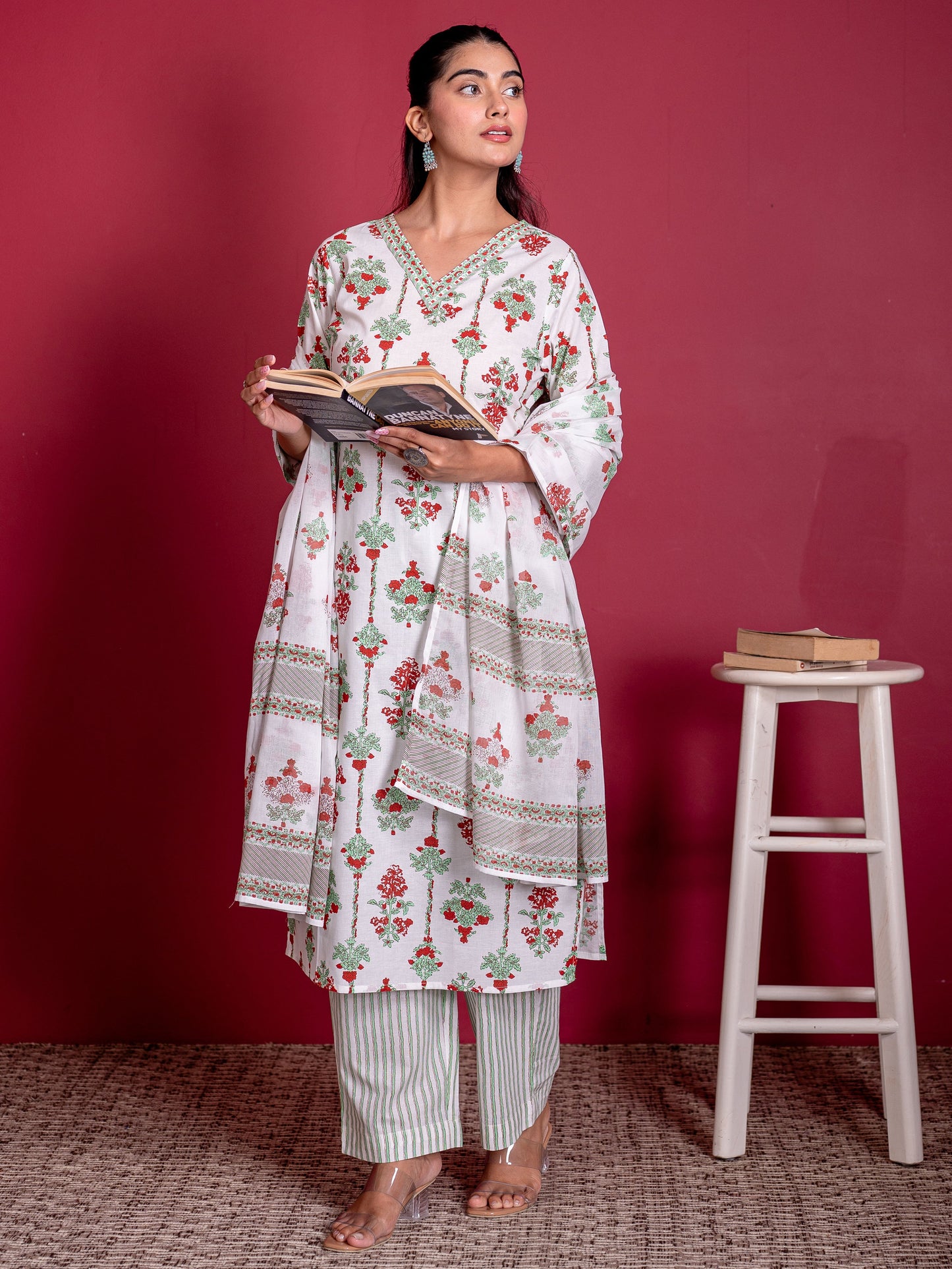 Soft cotton Floral Straight White Kurta
