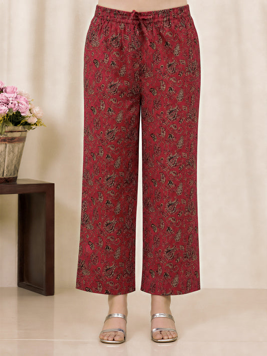 Soft cotton Floral Maroon Straight Trousers