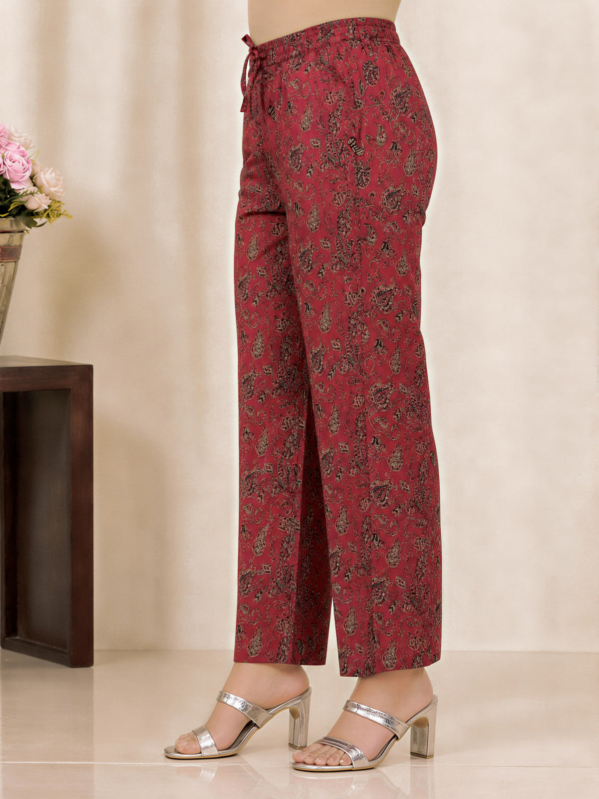Soft cotton Floral Maroon Straight Trousers