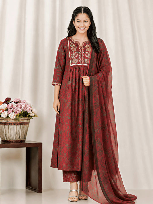 Cotton voile Floral Maroon Dupatta