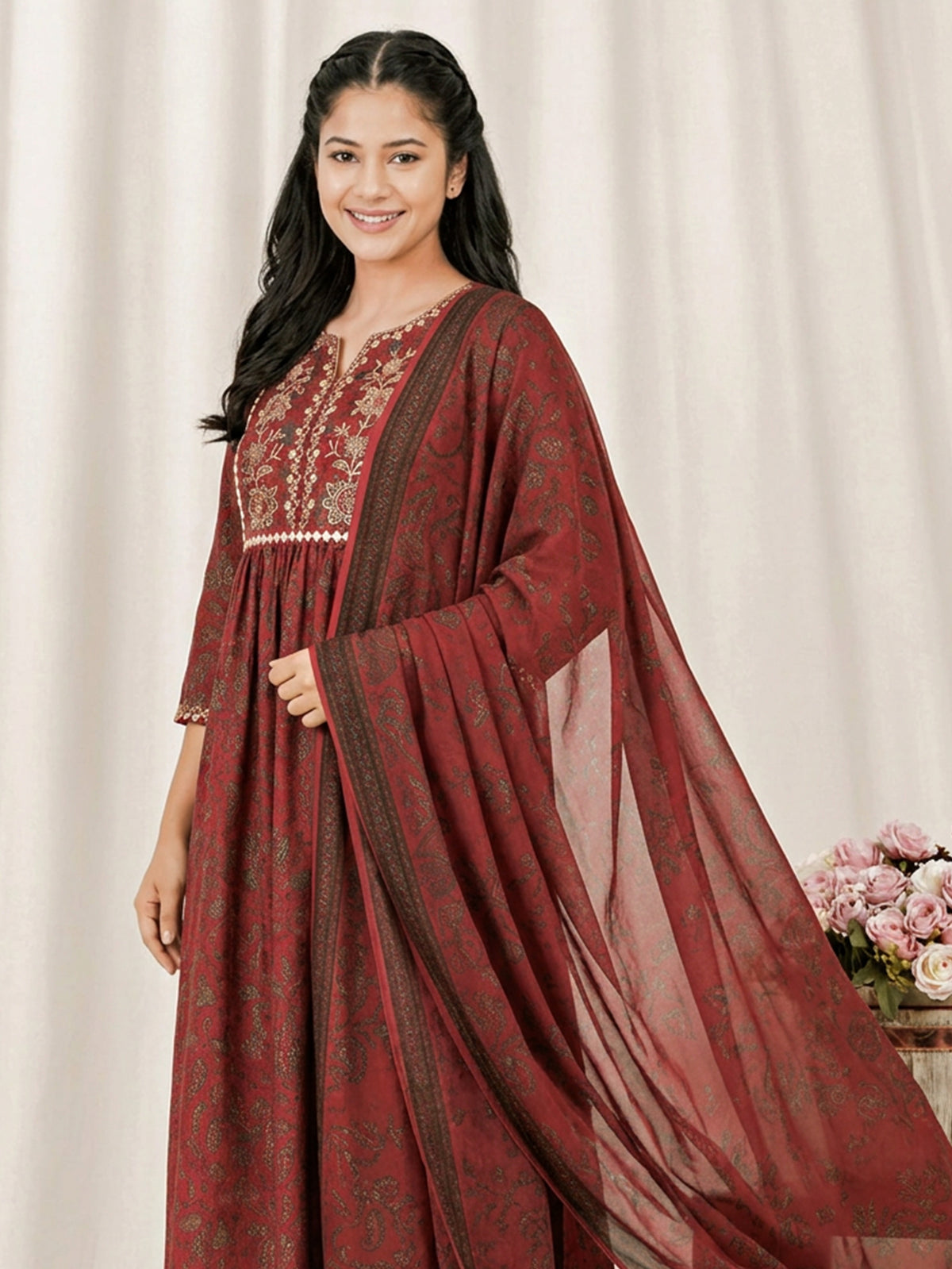 Cotton voile Floral Maroon Dupatta