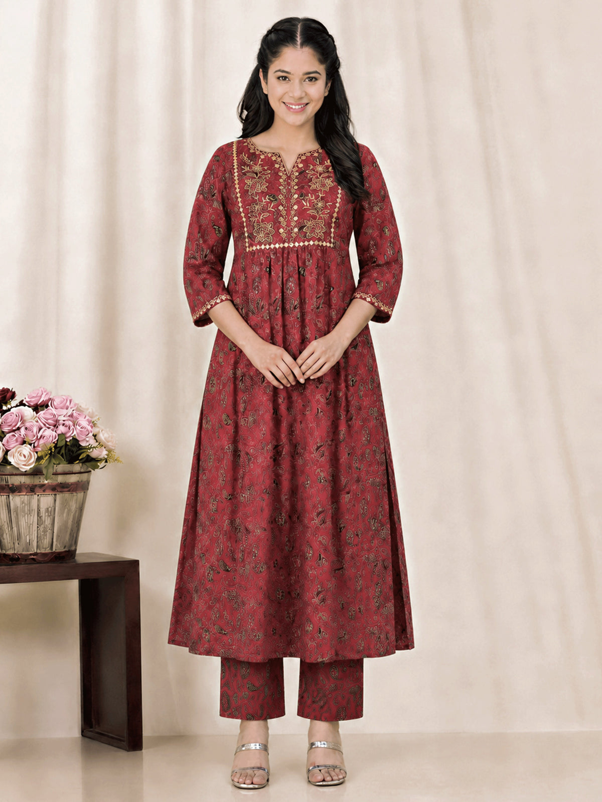 Embroidered Soft cotton Floral Flared Maroon Kurta