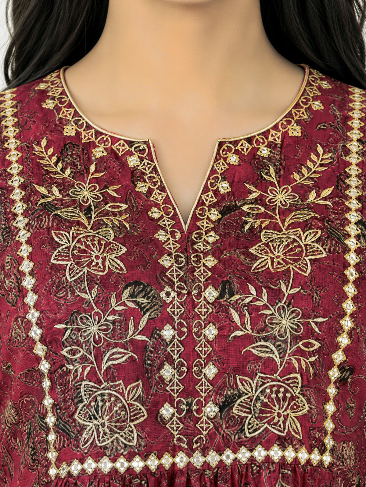 Embroidered Soft cotton Floral Flared Maroon Kurta