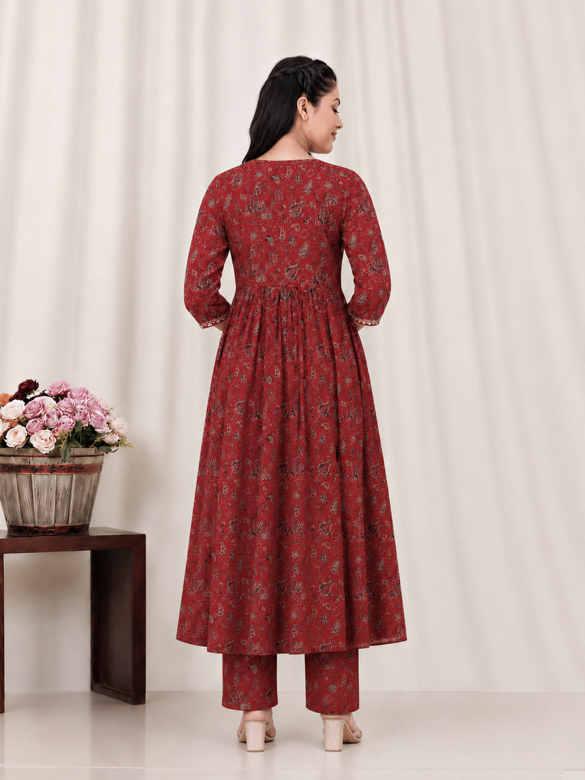 Embroidered Soft cotton Floral Flared Maroon Kurta